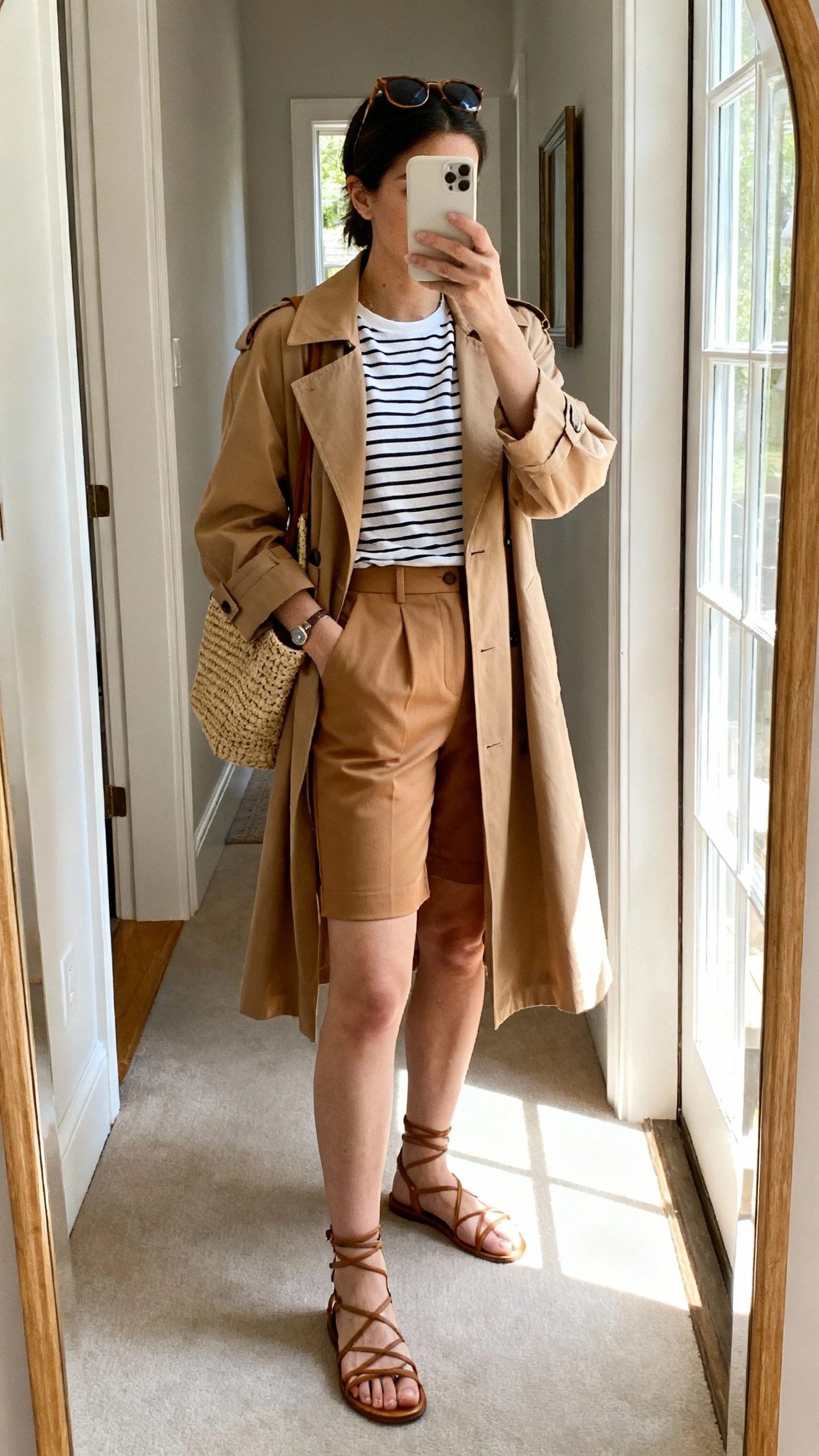 iPhone mirror selfie of a woman wearing tailored tan shorts, a lightweight trench coat in camel over a striped tee, strappy sandals, sunglasses on head, and a woven tote, face not visible, cropped at neck, entryway full-length mirror with natural window light, iPhone photo quality.