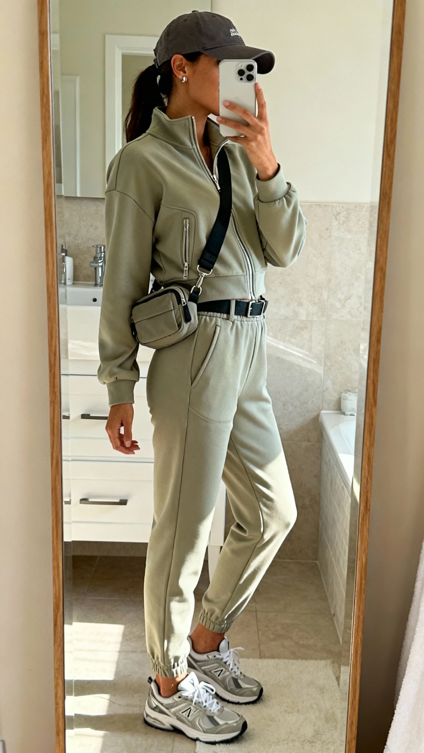 iPhone mirror selfie side angle of a woman wearing a matching elevated athleisure set (structured zip-up track jacket and tapered joggers), sleek trainers, crossbody belt bag, baseball cap, subtle stud earrings, face not visible, bathroom full-length mirror, soft indoor morning light, iPhone photo quality