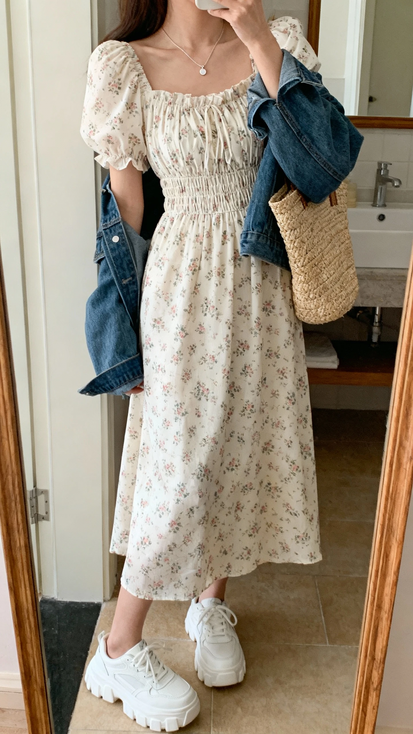 iPhone side-angle mirror selfie of a woman in a ditsy-floral cottagecore midi dress with puff sleeves and smocked waist, chunky white sneakers, denim jacket draped over shoulders, straw tote, and delicate pendant necklace; face not visible, cropped at shoulders, bathroom mirror, soft indoor lighting, iPhone photo quality.