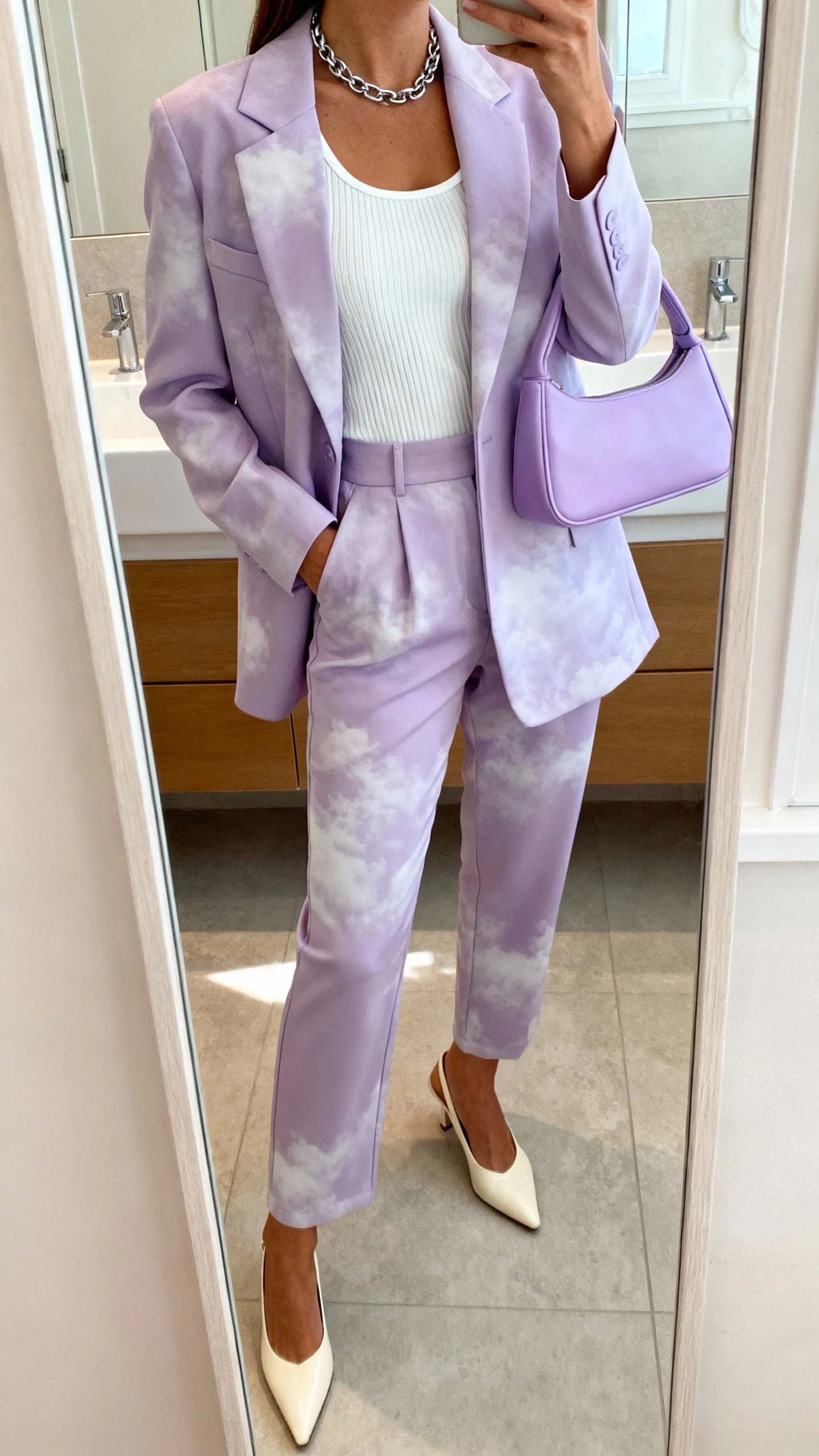 iPhone side-angle mirror selfie of a woman in a lavender cloud power suit: soft lavender tailored blazer, matching high-waist trousers, white ribbed tank, cream slingback heels, silver chain necklace, and a lilac structured tote, face not visible, bathroom mirror, indoor lighting, iPhone photo quality