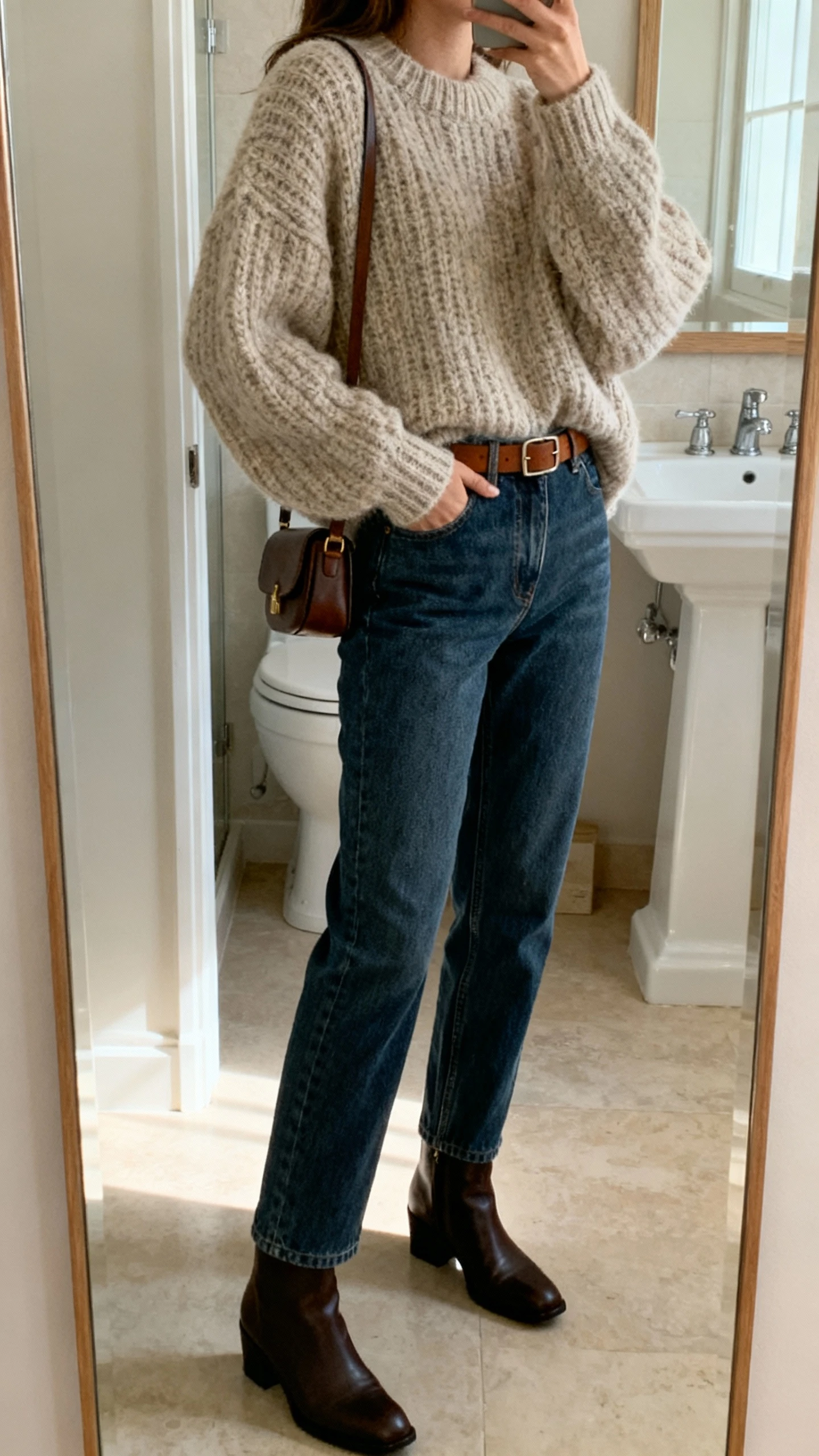 iPhone side-angle mirror selfie of a woman wearing an oversized chunky sweater, straight-leg jeans, ankle boots, simple leather belt, small shoulder bag, face not visible, bathroom full-length mirror, indoor soft daylight, iPhone photo quality.