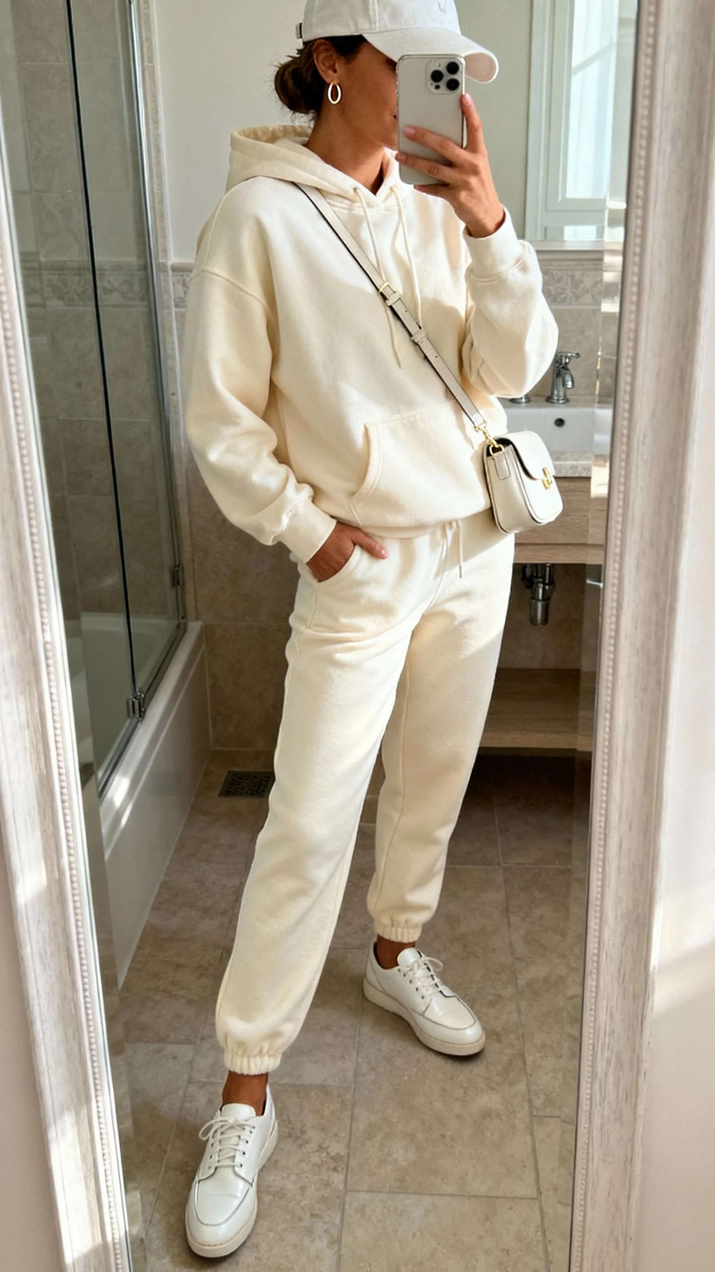 iPhone side-angle mirror selfie of a woman wearing a monochrome cream hoodie and matching joggers, sleek white leather sneakers, small crossbody, baseball cap, thin hoop earrings, face not visible, bathroom mirror, soft morning light, iPhone photo quality.