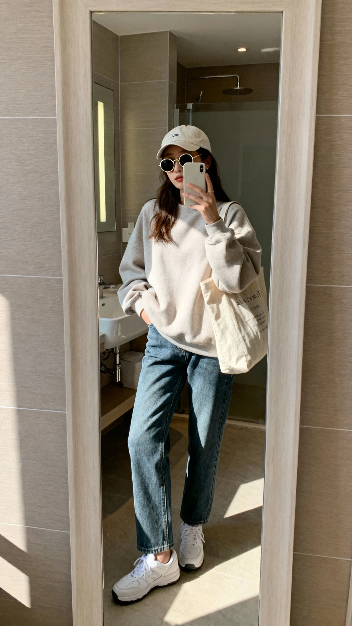 iPhone side-angle mirror selfie of a woman wearing round sunglasses, a soft oversized crewneck sweatshirt, straight-leg jeans, white sneakers, a canvas tote, and a simple baseball cap, face not visible, bathroom mirror, morning light, iPhone photo quality.