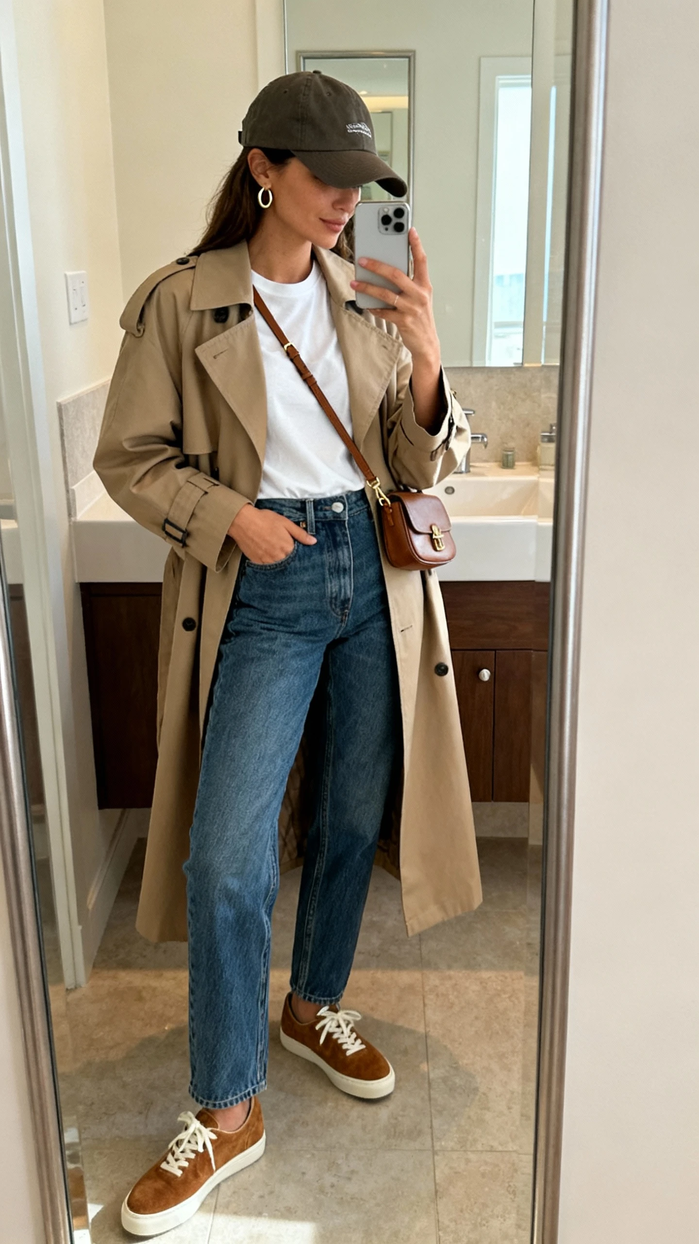 iPhone side-angle mirror selfie of a woman wearing suede low-top sneakers, high-waist straight jeans, elevated white tee, oversized trench coat, baseball cap, small crossbody bag, and subtle hoop earrings, face not visible, bathroom mirror with soft indoor morning light, iPhone photo quality.