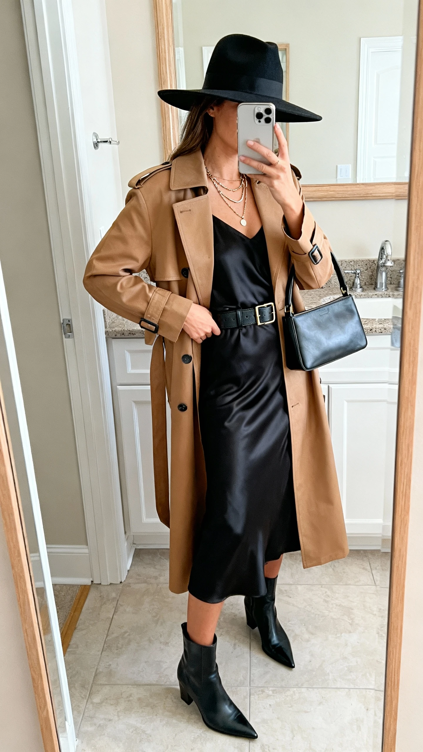 iPhone side-angle mirror selfie of a woman wearing a structured wide-brim hat, tailored camel trench coat over a black satin slip dress, pointed toe ankle boots, sleek leather belt, delicate layered necklaces, top-handle bag, face not visible, bathroom mirror with natural indoor lighting, iPhone photo quality.