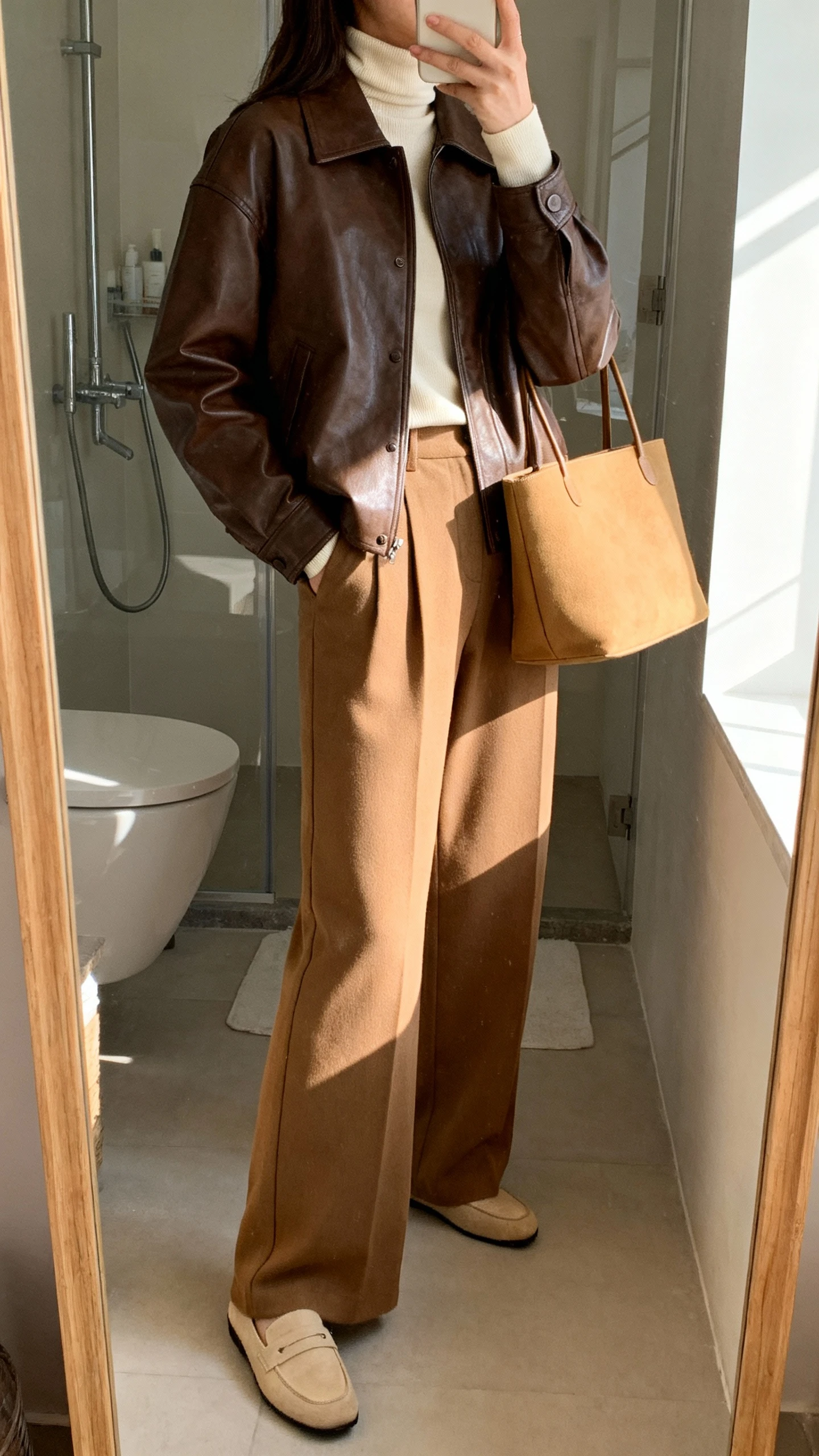 iPhone side-angle mirror selfie of a woman wearing a brown leather jacket over a cream turtleneck, tan wide-leg trousers, beige loafers, and a camel tote, face not visible, bathroom mirror with morning light, iPhone photo quality.