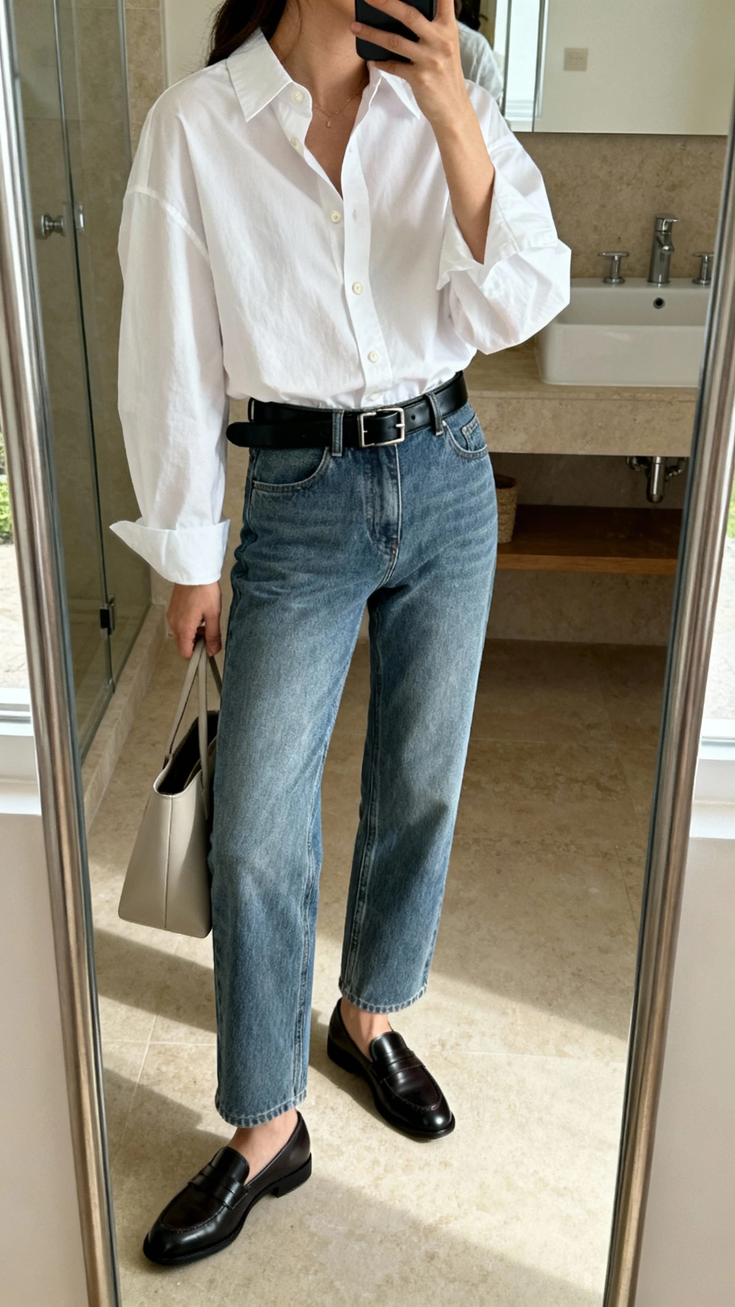 iPhone side-angle mirror selfie of a woman wearing a crisp oversized white button-down tucked into straight-leg medium-wash denim, black leather belt, classic loafers, minimalist tote, face not visible, bathroom full-length mirror, indoor natural light, iPhone photo quality
