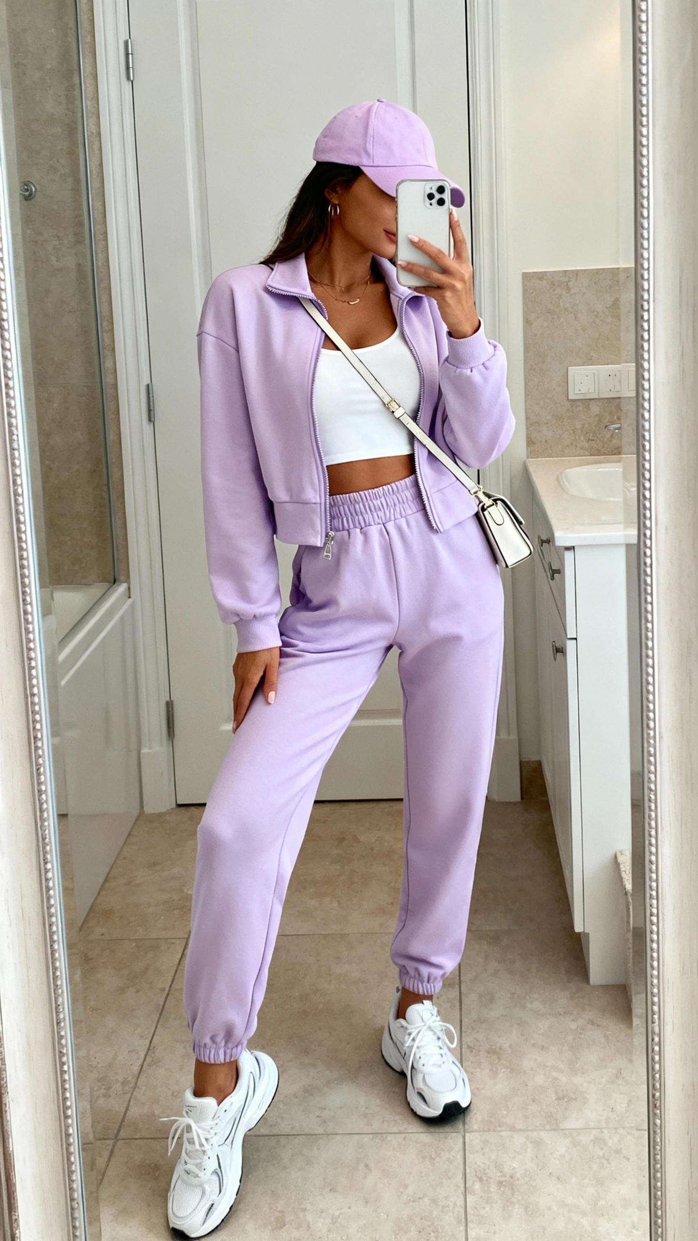 iPhone side-angle mirror selfie of a woman wearing a sporty-chic matching set: pastel lavender zip-up track jacket and matching high-waist joggers, white tank underneath, white running sneakers, pastel baseball cap, small crossbody bag, face not visible, bathroom full-length mirror, soft indoor lighting, iPhone photo quality.