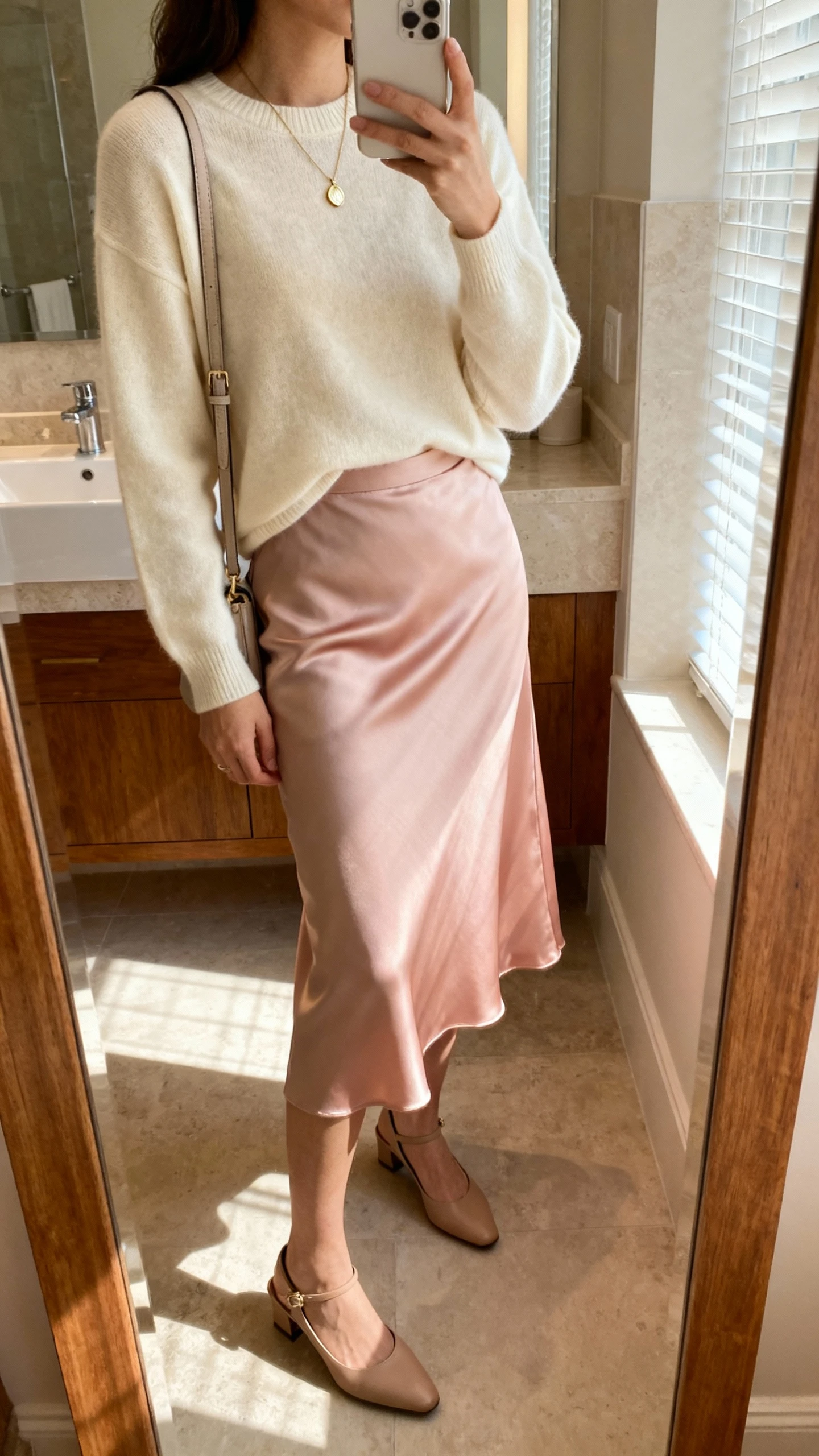 iPhone side-angle mirror selfie of a woman wearing a soft cream crewneck sweater tucked into a bias-cut silk midi skirt in blush, delicate pendant necklace, slingback heels, and a small shoulder bag, face not visible, bathroom mirror with natural light, iPhone photo quality.
