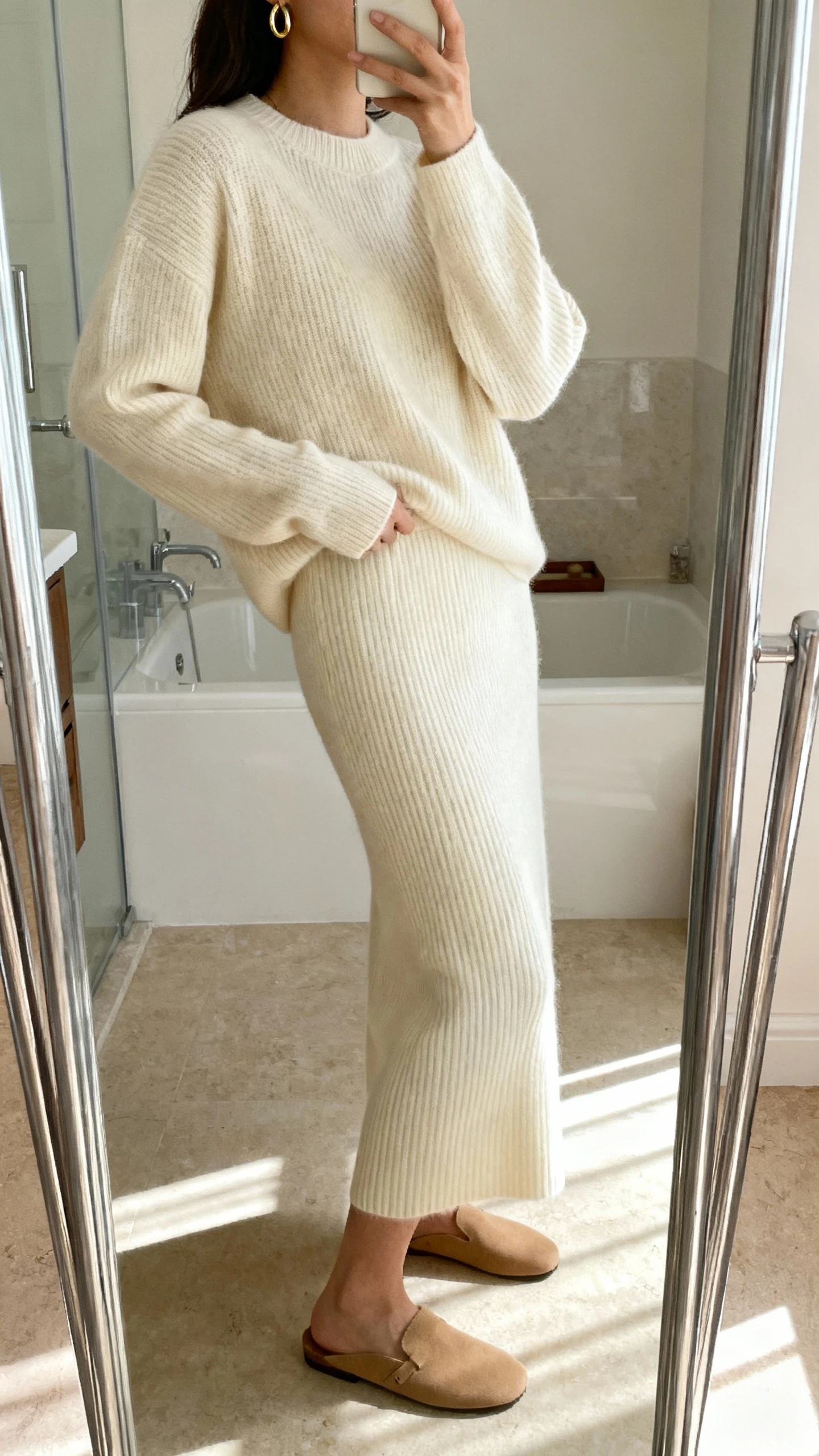 iPhone side-angle mirror selfie of a woman wearing a matching luxe knit set that looks like cashmere (cream ribbed sweater and coordinating knit skirt), with minimalist tan flats and delicate gold hoop earrings, face not visible, bathroom full-length mirror, soft morning light, iPhone photo quality.