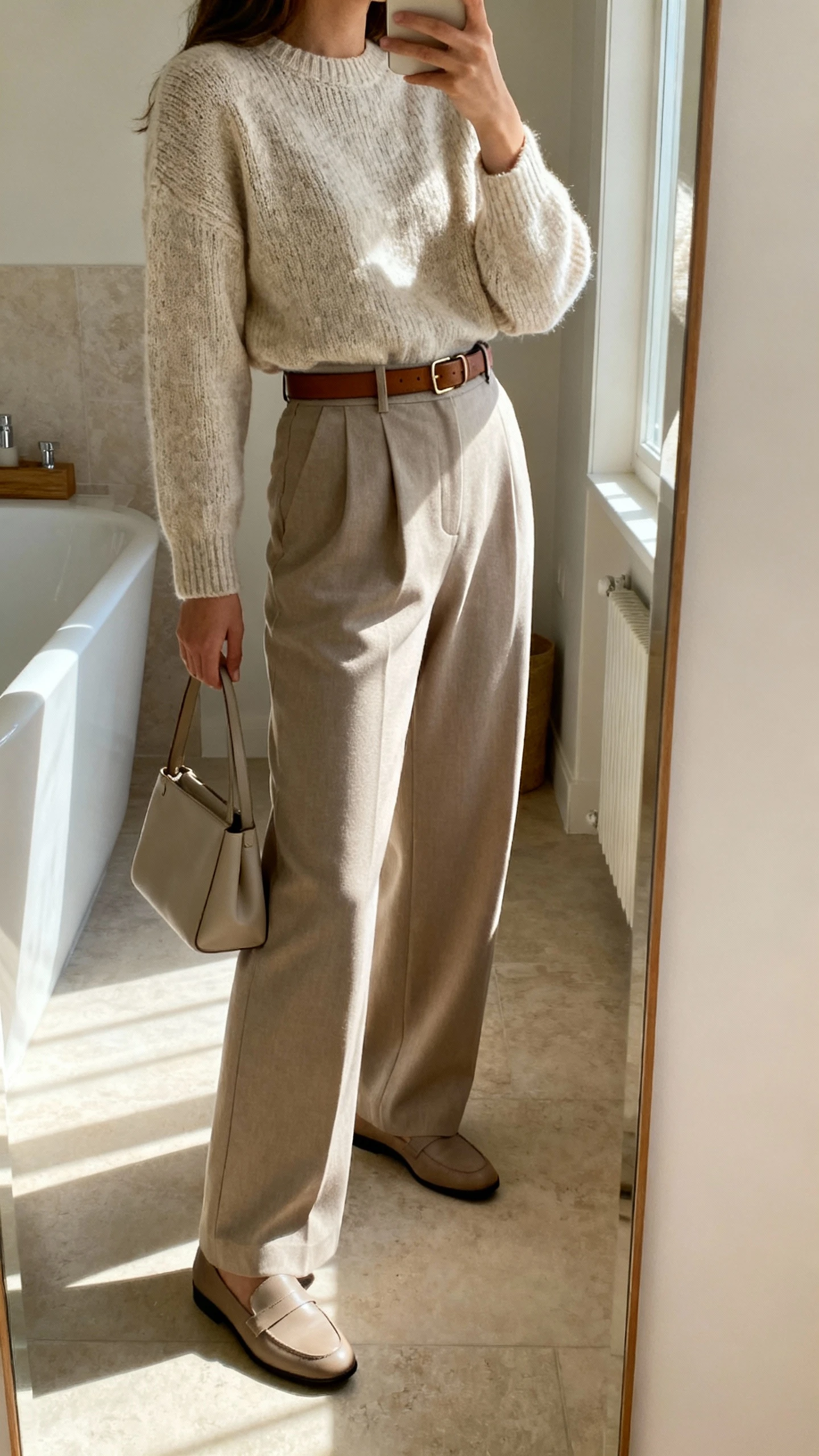 iPhone side-angle mirror selfie of a woman wearing a soft knit sweater tucked into high-rise wide-leg trousers with a slim leather belt, loafers, and a minimal tote, face not visible, cropped at shoulders, bathroom mirror, morning light, iPhone photo quality.