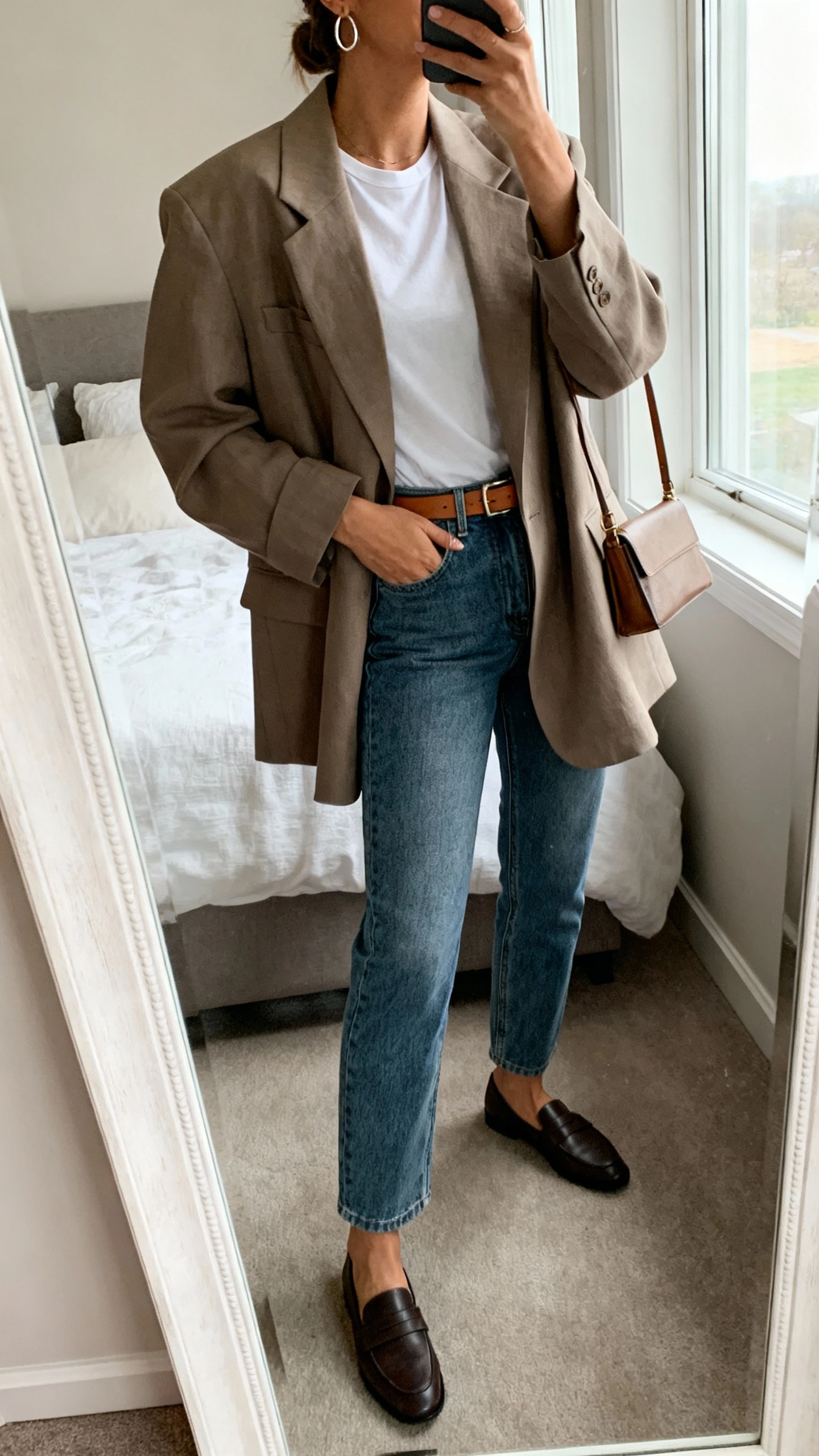 iPhone side-angle mirror selfie of a woman wearing a relaxed oversized blazer, soft high-stretch straight-leg denim, fitted tee, loafers, thin leather belt, small tote, and delicate hoop earrings, face not visible, cropped at shoulders, bedroom mirror with natural window light, iPhone photo quality.
