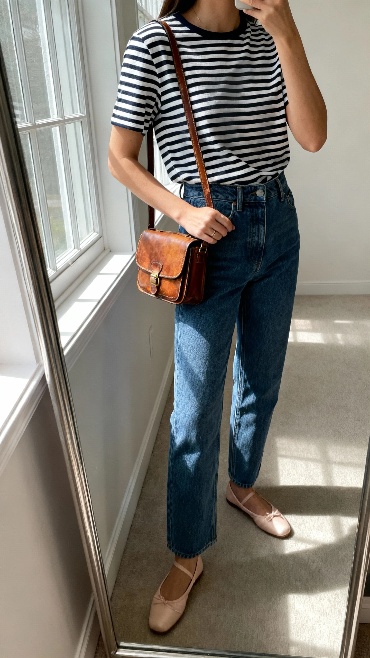 iPhone side-angle mirror selfie of a woman wearing a classic striped Breton tee, high-waisted jeans, ballet flats, and a small vintage leather shoulder bag, face not visible, cropped at shoulders, full-length mirror, natural window light, iPhone photo quality.