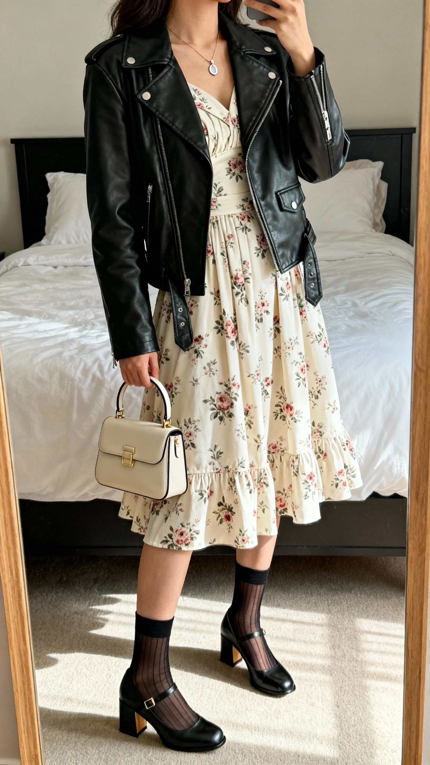 iPhone side-angle mirror selfie of a woman wearing a 40s-style floral tea dress with a modern leather moto jacket, sheer black ankle socks with block-heel Mary Janes, delicate pendant necklace, and a structured mini top-handle bag, face not visible, cropped at shoulders, bedroom mirror with soft afternoon light, iPhone photo quality.