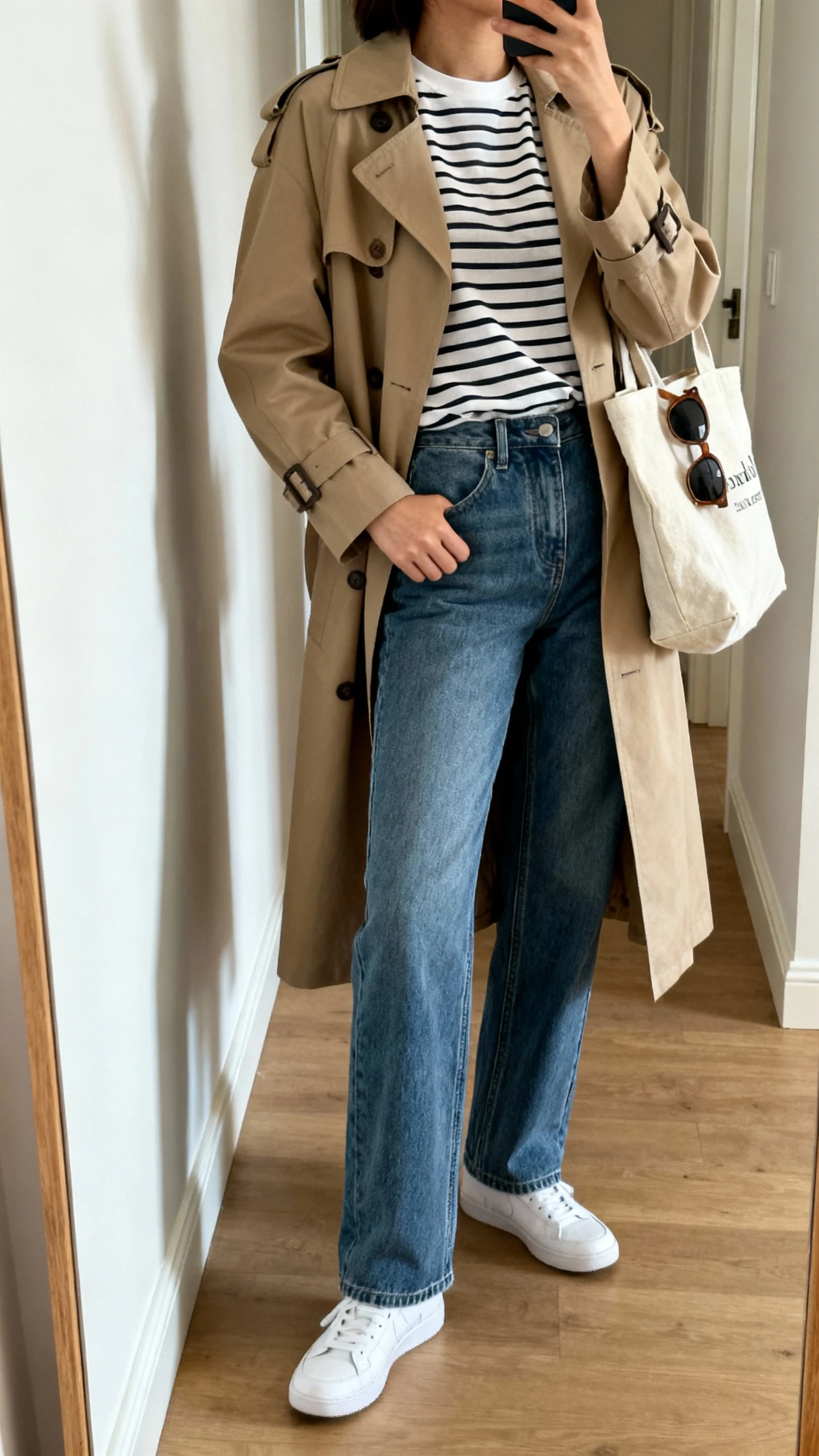 iPhone side-angle mirror selfie of a woman wearing straight-leg denim, a classic trench coat over a striped tee, white sneakers, and a canvas tote with sunglasses, face not visible, cropped at shoulders, hallway full-length mirror, soft daylight, iPhone photo quality.