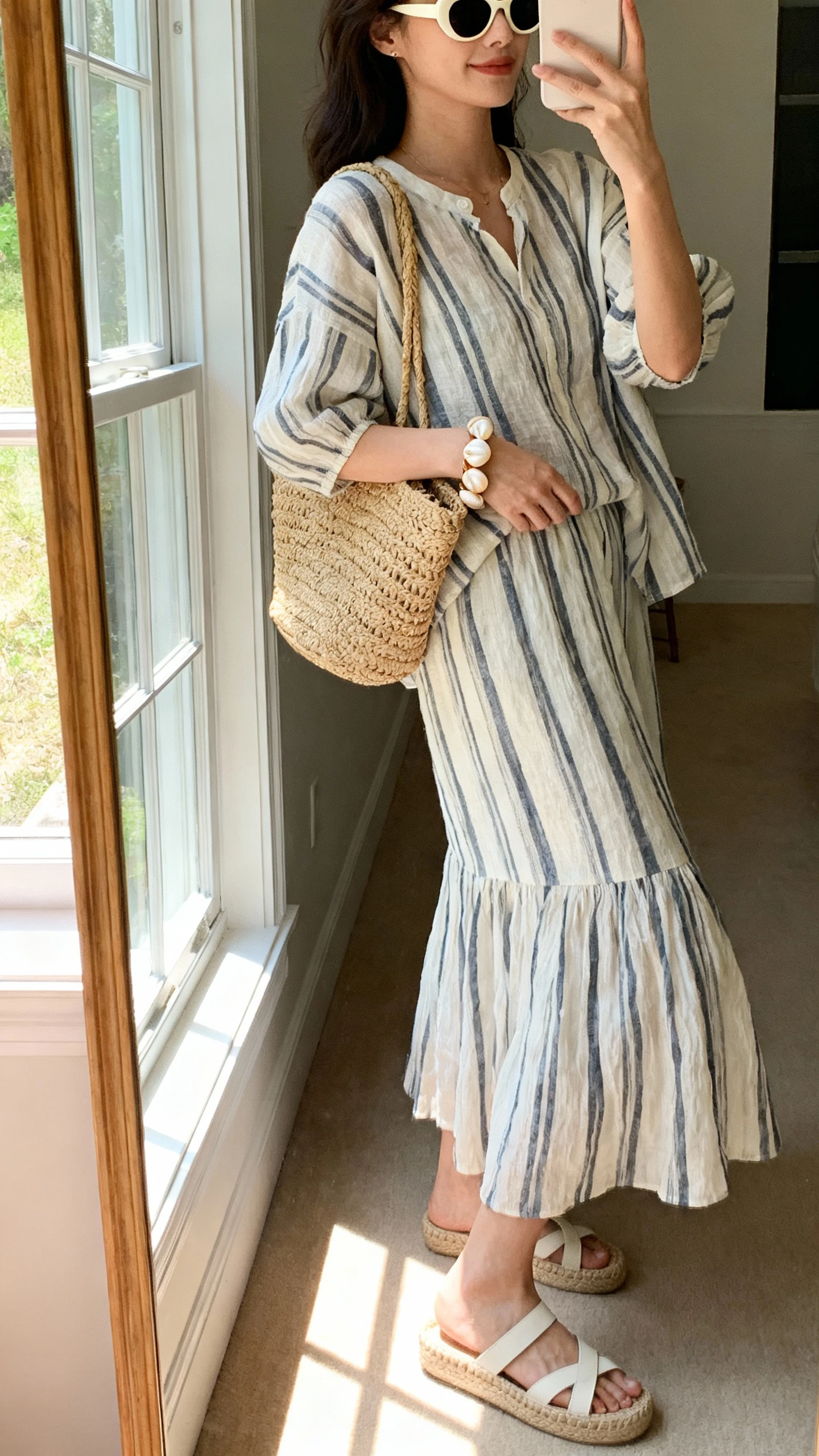 iPhone side-angle mirror selfie of a woman wearing a breezy Capri set (striped linen top and matching flowy skirt) with espadrille wedges, straw tote, shell bracelet, and cat-eye sunglasses, face not visible, full-length mirror by window in morning light, iPhone photo quality