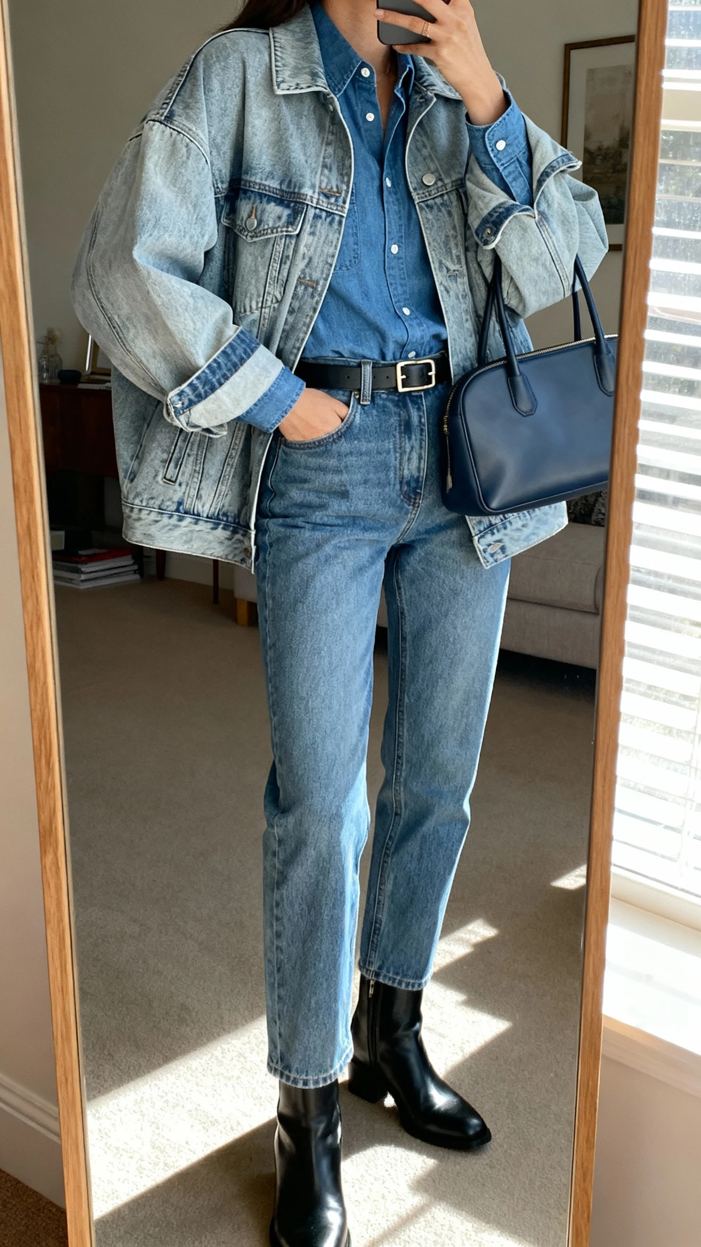 iPhone side-angle mirror selfie of a woman wearing denim-on-denim: light-wash oversized jean jacket over a fitted chambray shirt, straight-leg jeans, black ankle boots, structured tote, slim belt, face not visible, living room full-length mirror with natural window light, iPhone photo quality.