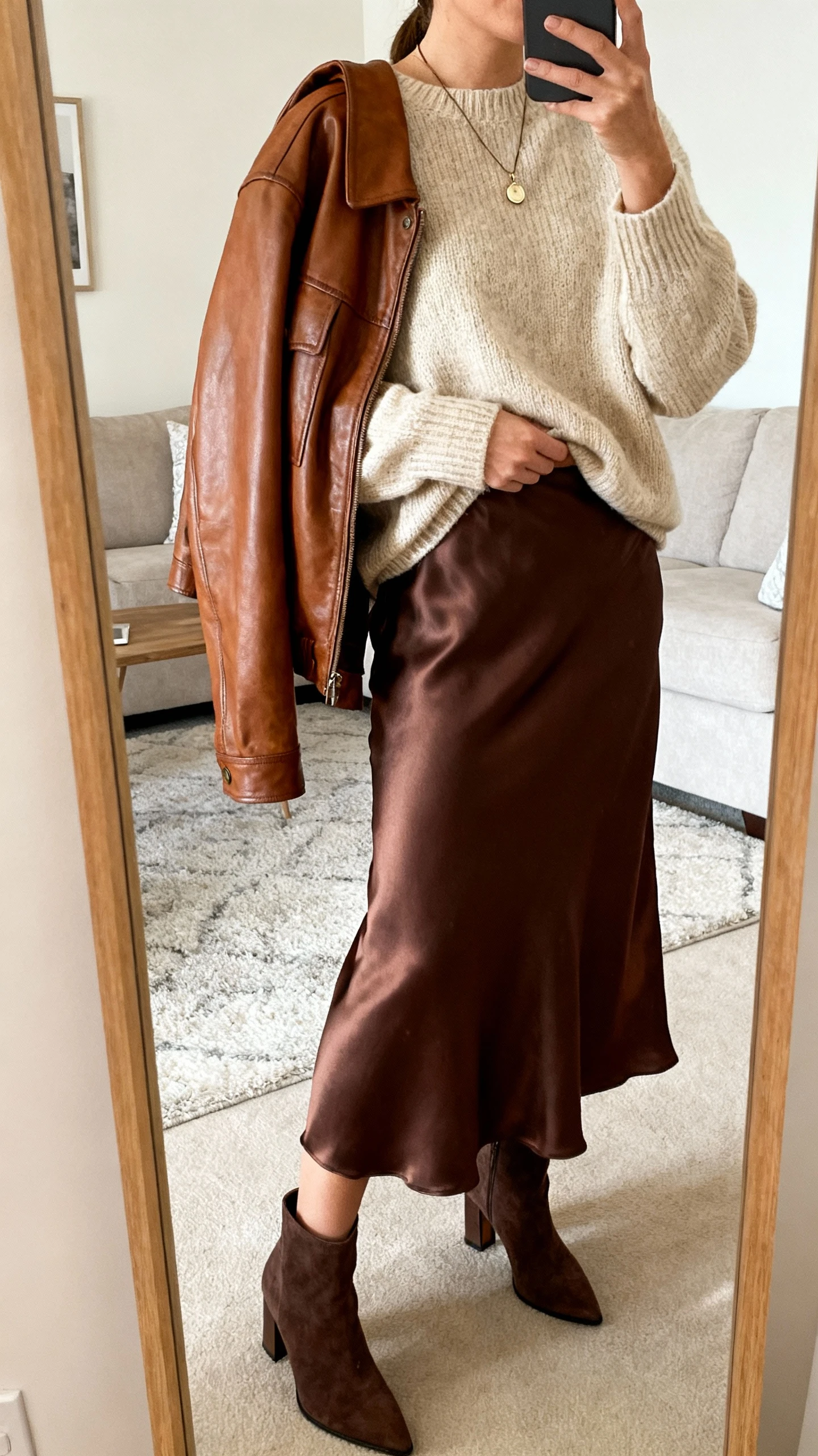 iPhone side-angle mirror selfie of a woman wearing a silk slip skirt in chocolate with a soft oatmeal knit sweater half-tucked, brown leather jacket over one shoulder, delicate pendant necklace, and heeled ankle boots, face not visible, living room mirror, warm indoor lighting, iPhone photo quality.
