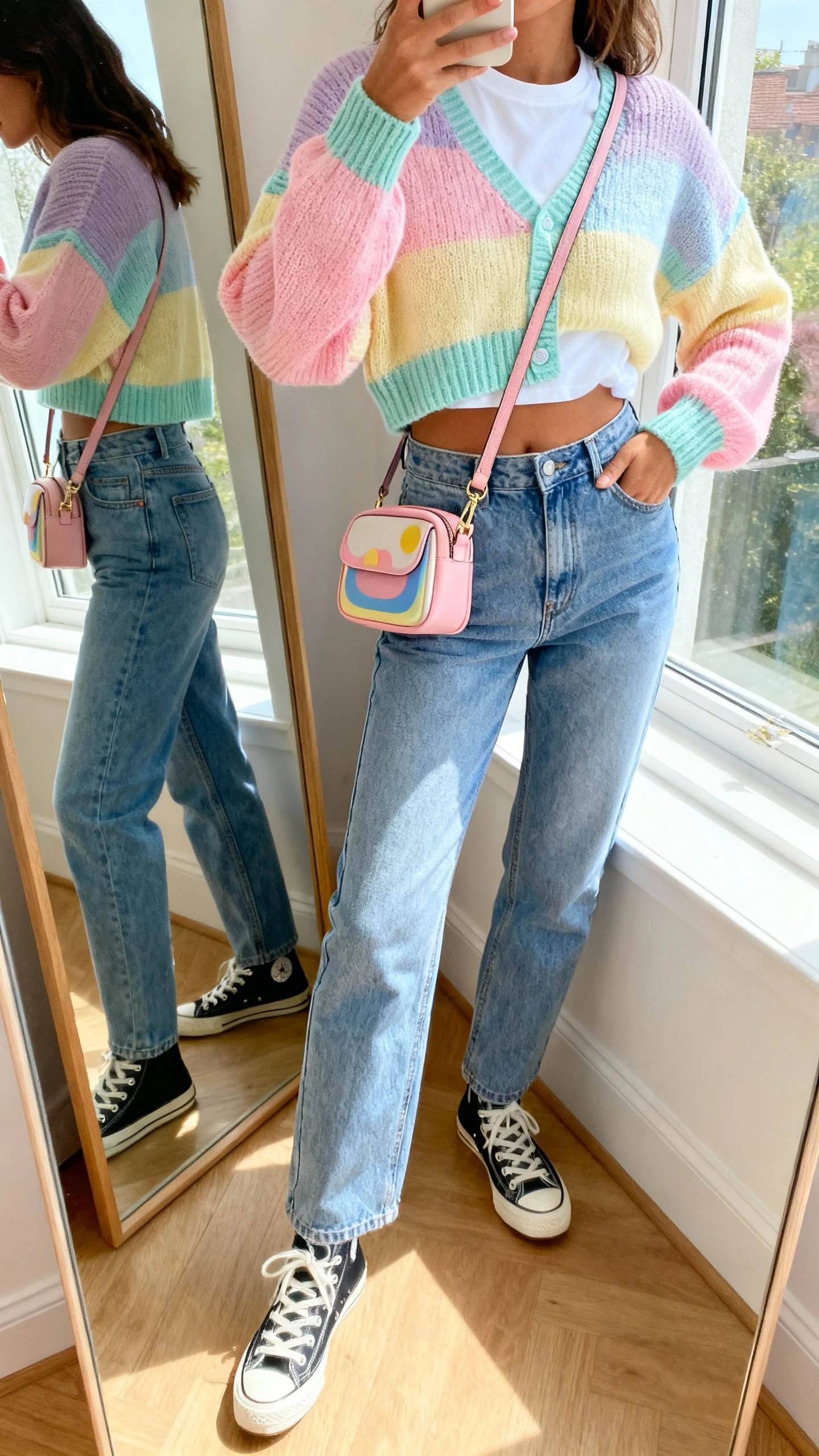 iPhone side-angle mirror selfie of a woman wearing pastel pop cropped denim and a color-blocked knit, white tee peeking, canvas sneakers, playful mini shoulder bag, face not visible, full-length mirror by window with bright natural light, iPhone photo quality.