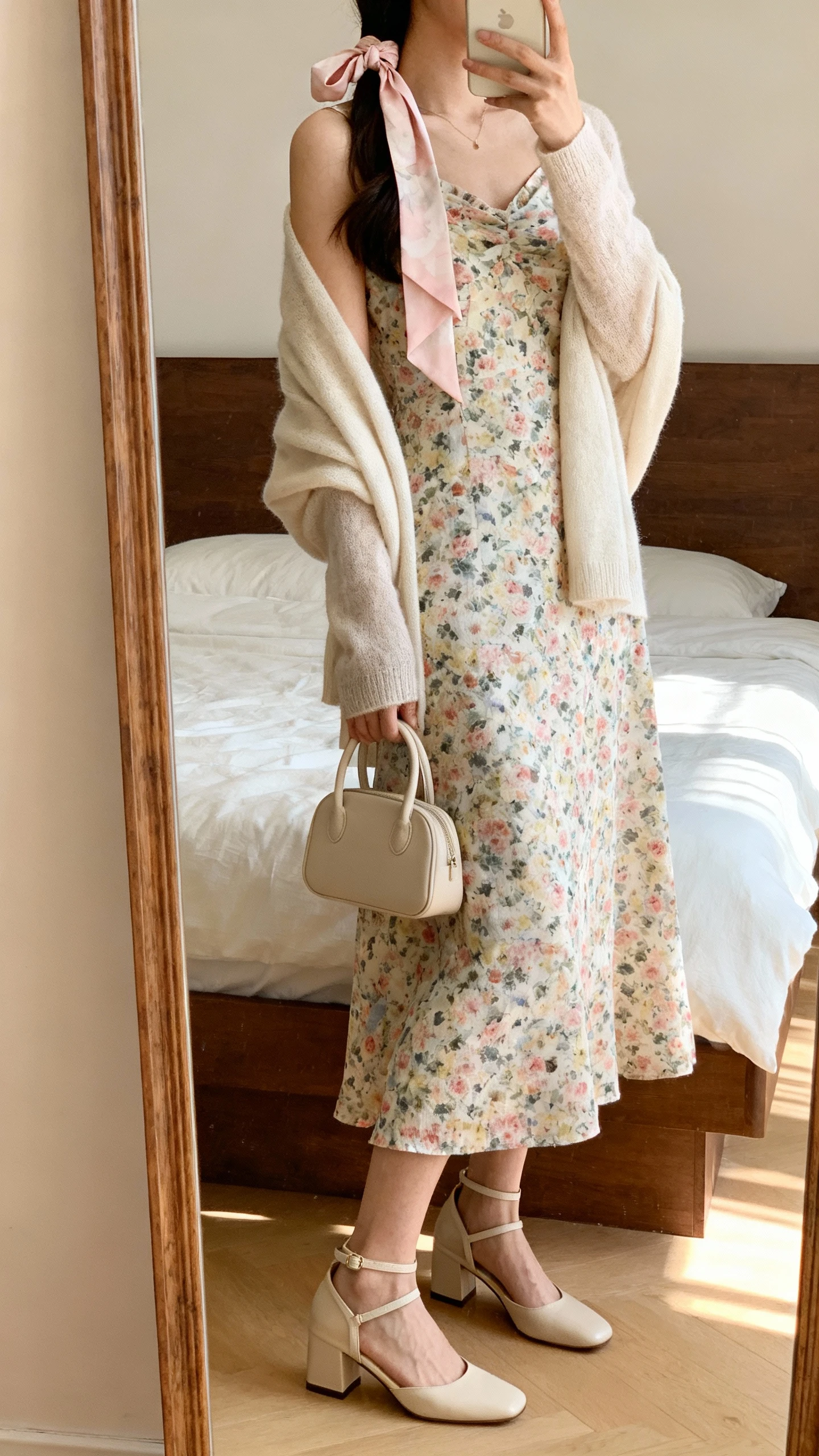 Side-angle iPhone mirror selfie of a woman wearing a floral midi dress with a soft cardigan draped over shoulders, ankle-strap block heels, a pastel scarf tied as a hair ribbon, and a small top-handle bag, face not visible, cropped at neck, bedroom mirror, soft afternoon light, iPhone photo quality.