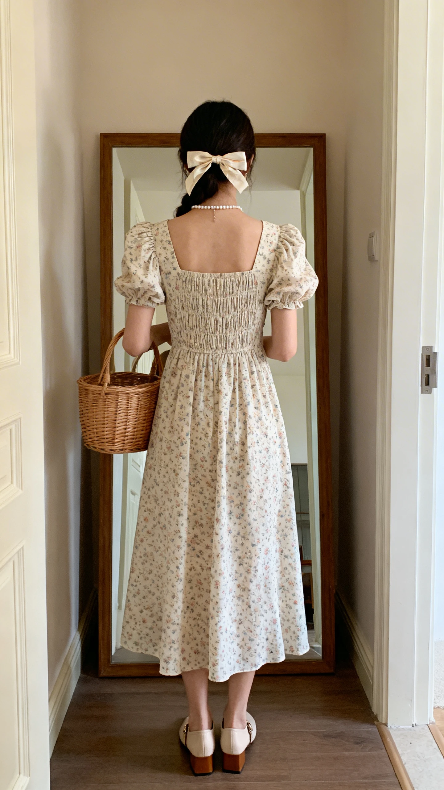 iPhone back view of a woman wearing a cottagecore puff-sleeve midi dress with a square neckline, smocked bodice, ditsy floral print, dainty pearl necklace, bow hair ribbon, wicker basket bag, and low block-heel Mary Janes, face not visible, hallway full-length mirror, natural daylight, iPhone photo quality.