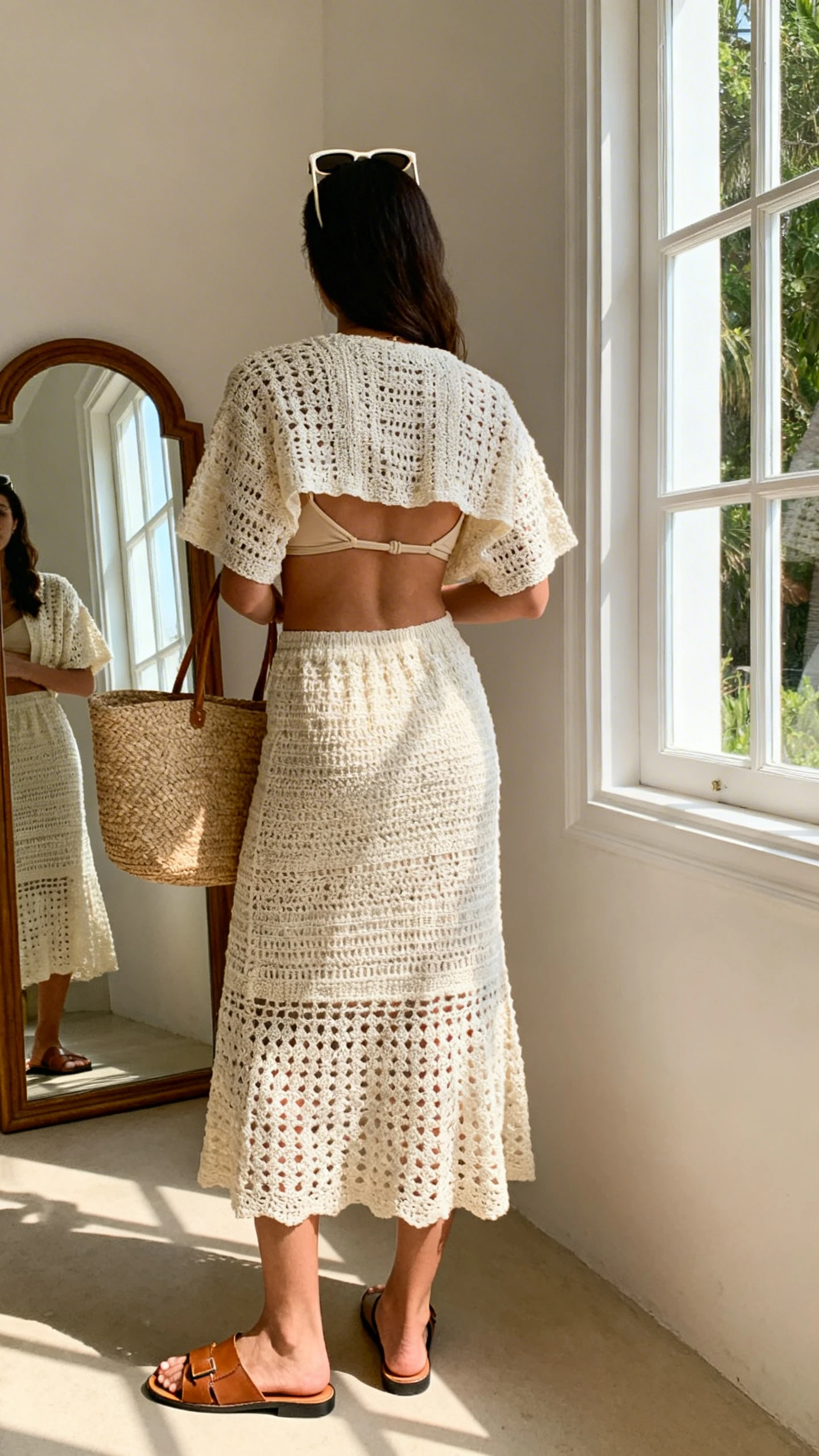 iPhone back view of a woman wearing a cream crochet matching set (boxy short-sleeve top and midi skirt) over a sand bikini, flat leather slide sandals, raffia tote bag, and oversized sunglasses perched on head, face not visible, full-length mirror near a sunny window, iPhone photo quality.