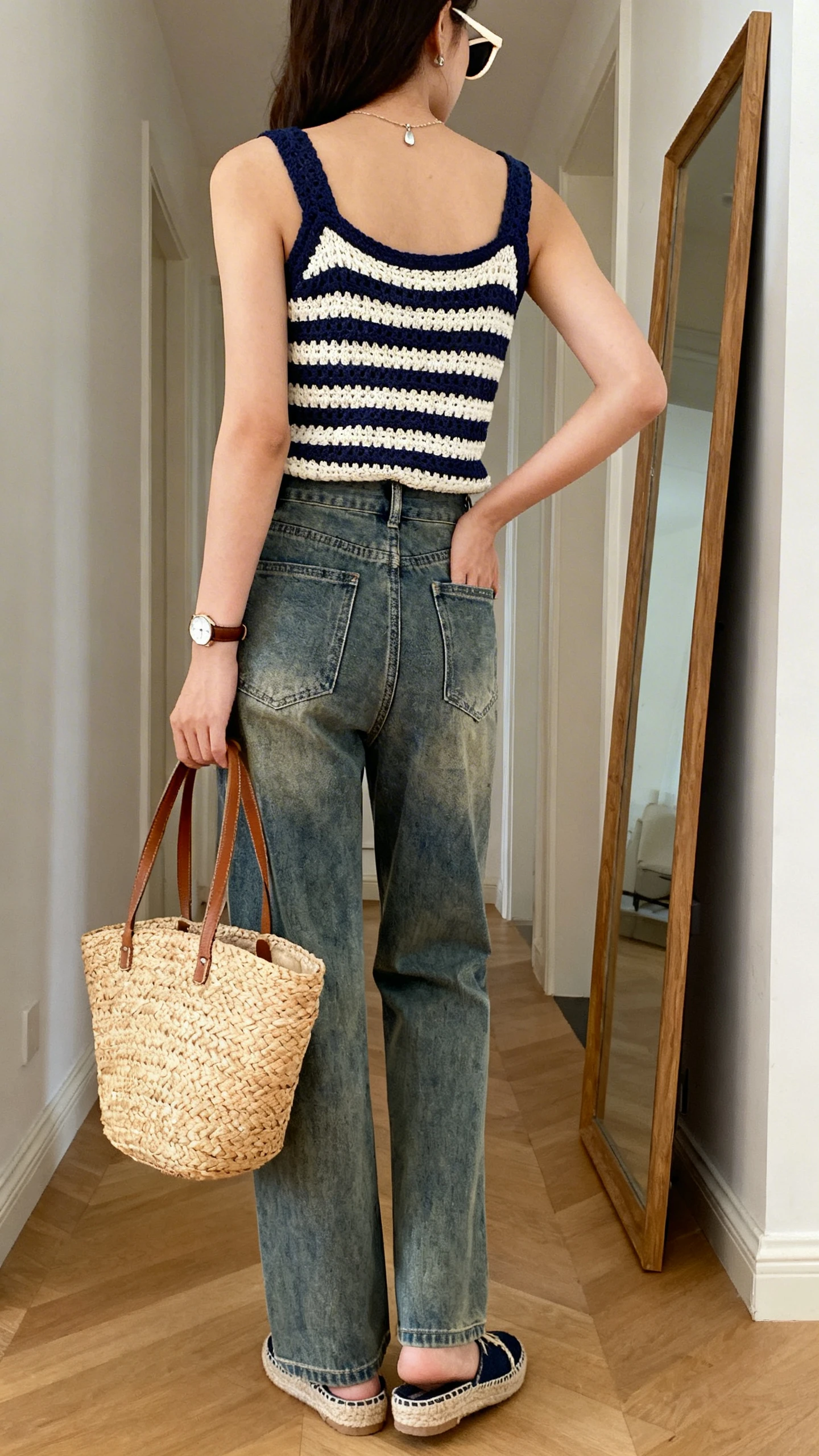 iPhone back view of a woman wearing a navy-and-cream striped crochet tank top, high-rise straight-leg vintage-wash jeans, espadrille flats, a straw basket bag, a thin leather watch, a small pendant necklace, and soft cat-eye sunglasses; face not visible, hallway full-length mirror, natural daylight, iPhone photo quality.