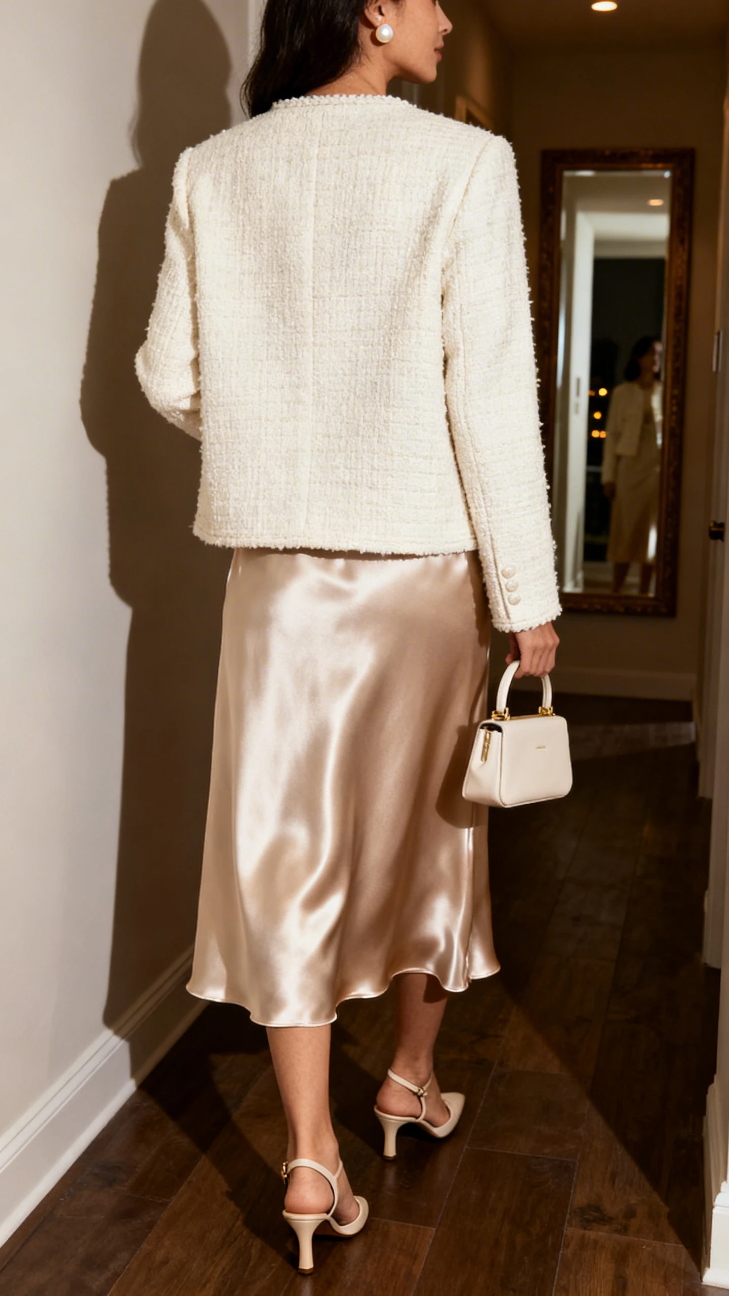 iPhone back view of a woman wearing a satin midi skirt with a cream tweed jacket, slingback heels, pearl stud earrings, and a small top-handle bag, face not visible, hallway mirror, warm evening indoor light, iPhone photo quality.