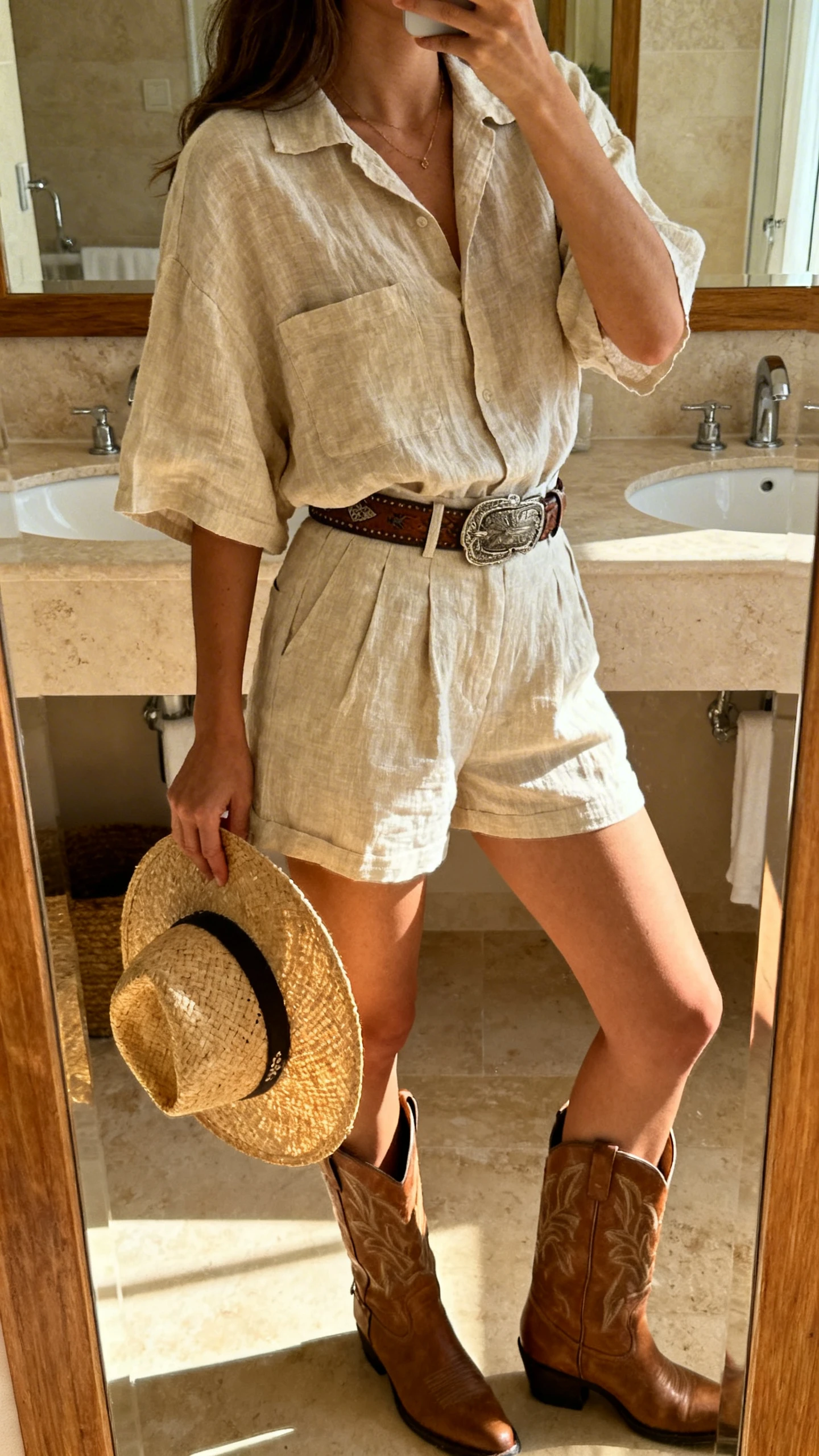 iPhone mirror selfie of a woman in a beachy linen matching set (boxy short-sleeve shirt and high-waist shorts) with a western belt, cowgirl boots, and a straw hat in hand, face not visible, side angle, bathroom mirror, soft morning light, iPhone photo quality.