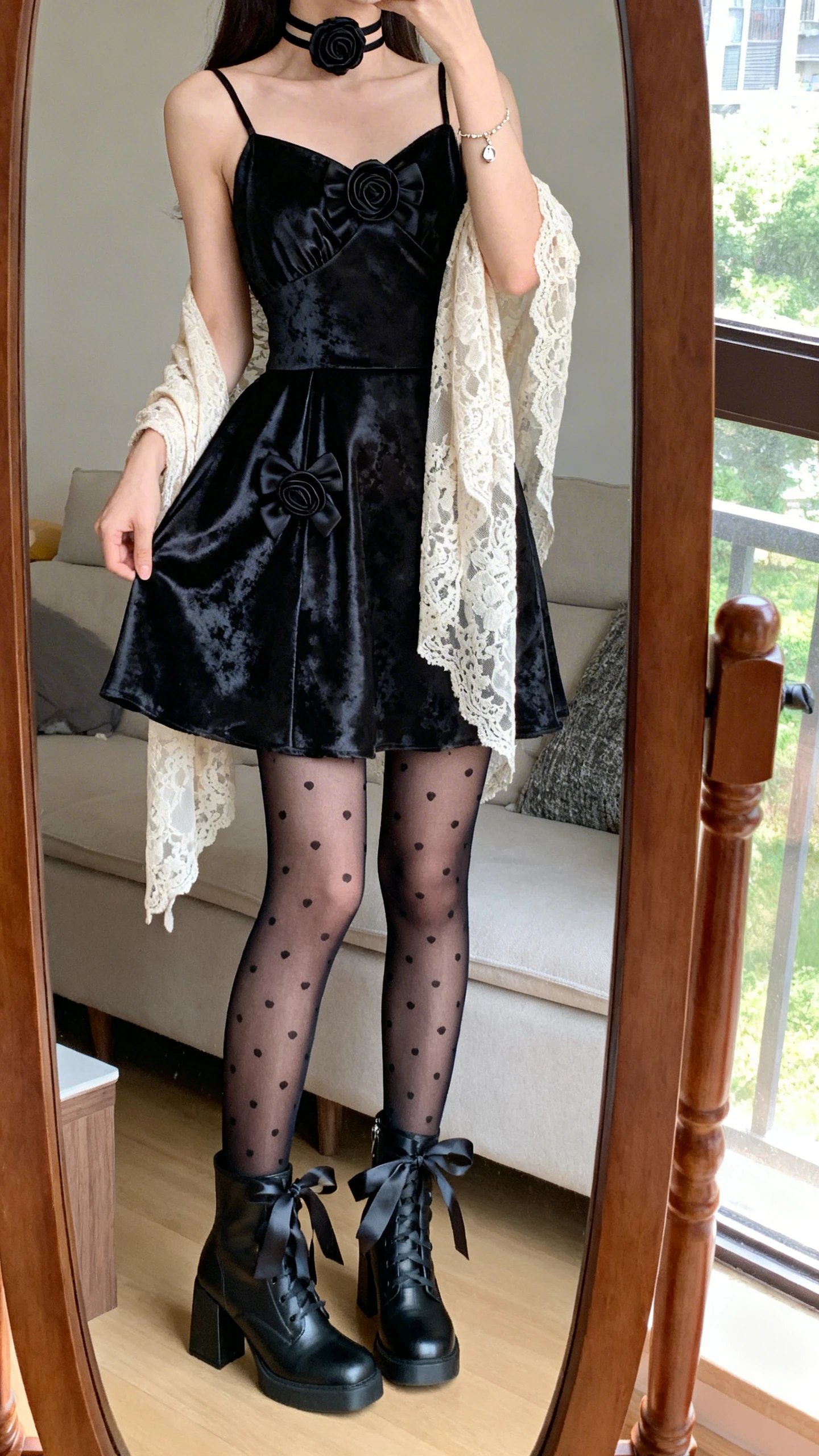 iPhone mirror selfie of a woman in a black taffeta/moiré-effect A-line slip dress with bow/rosette accents, sheer black tights with micro hearts or dots, block-heel ankle boots with satin ribbon laces, a waist-length lace shawl/shrug, a rose choker/ribbon choker with a single fabric bloom, and a delicate charm bracelet, face not visible, cropped at neck, living room full-length mirror, soft afternoon window light, iPhone photo quality.