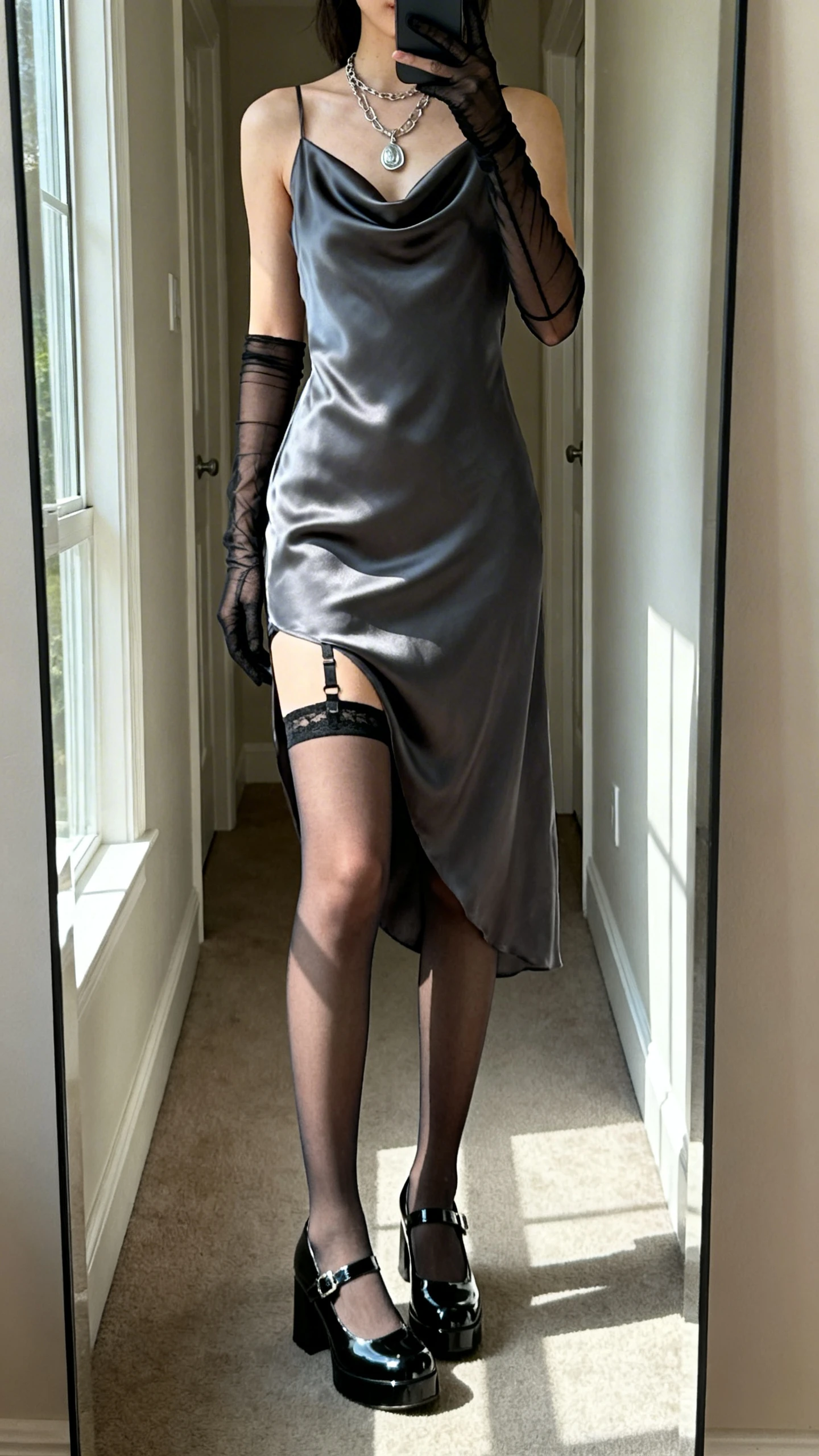 iPhone mirror selfie of a woman in a charcoal satin cowl-neck slip dress (bias cut) with a detachable garter belt peeking under the hem paired with opaque thigh-highs, patent black Mary Jane platforms, sheer black elbow-length gloves, and layered silver pendant necklaces, face not visible, cropped at shoulders, full-length mirror in hallway, morning window light, iPhone photo quality.