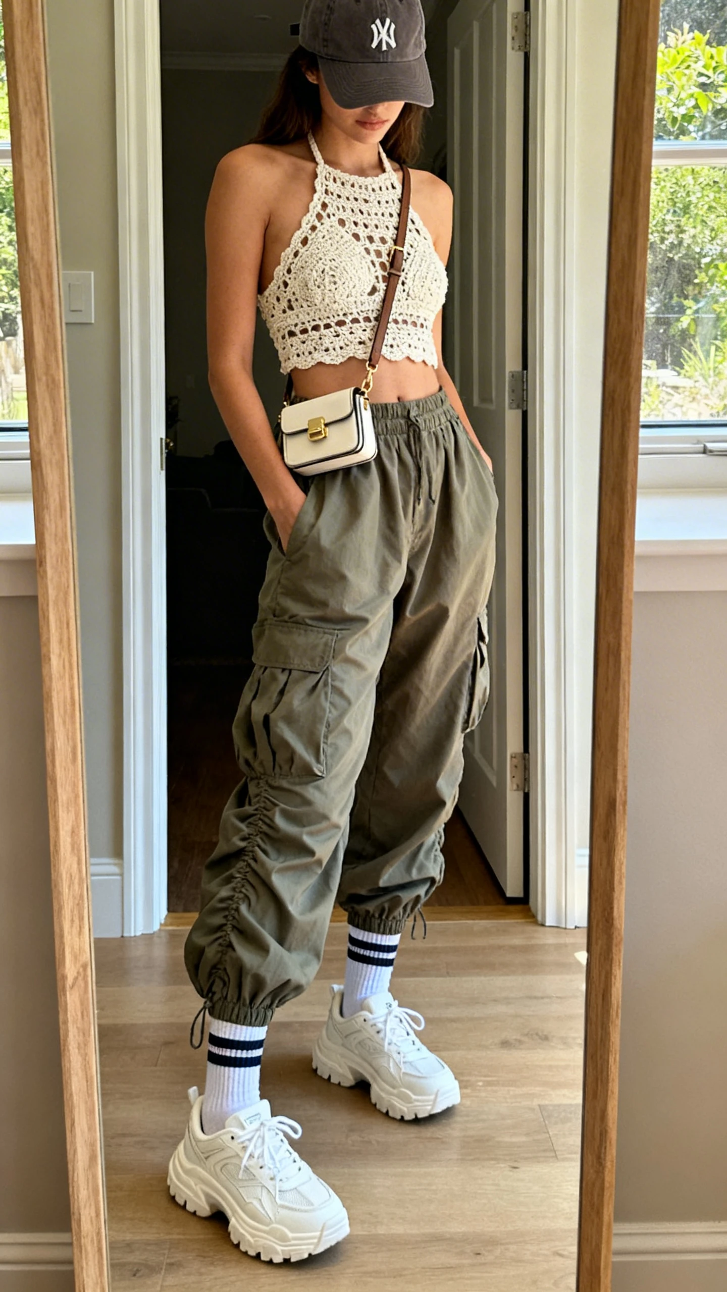 iPhone mirror selfie of a woman in a crochet halter top paired with parachute pants, chunky white sneakers, sporty crew socks, mini crossbody bag, and a baseball cap, face not visible, cropped at shoulders, entryway full-length mirror, natural window light, iPhone photo quality.