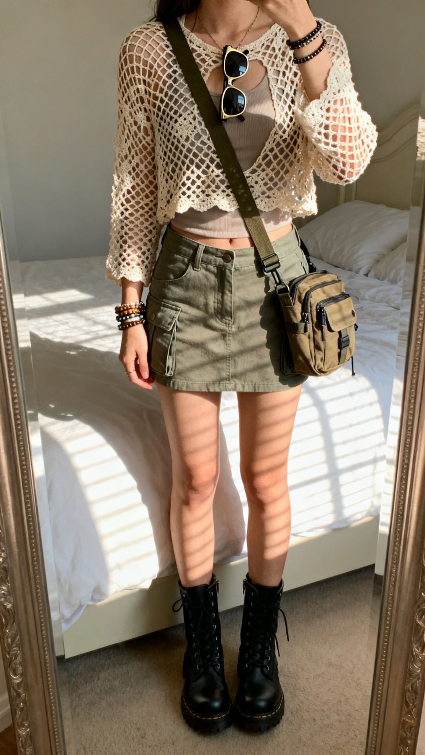 iPhone mirror selfie of a woman in a crochet mesh top over a fitted tank, cargo mini skirt, black combat boots, crossbody utility bag, layered bracelets, and aviator sunglasses hooked on the top; face not visible, cropped at shoulders, bedroom mirror with afternoon window light, iPhone photo quality.