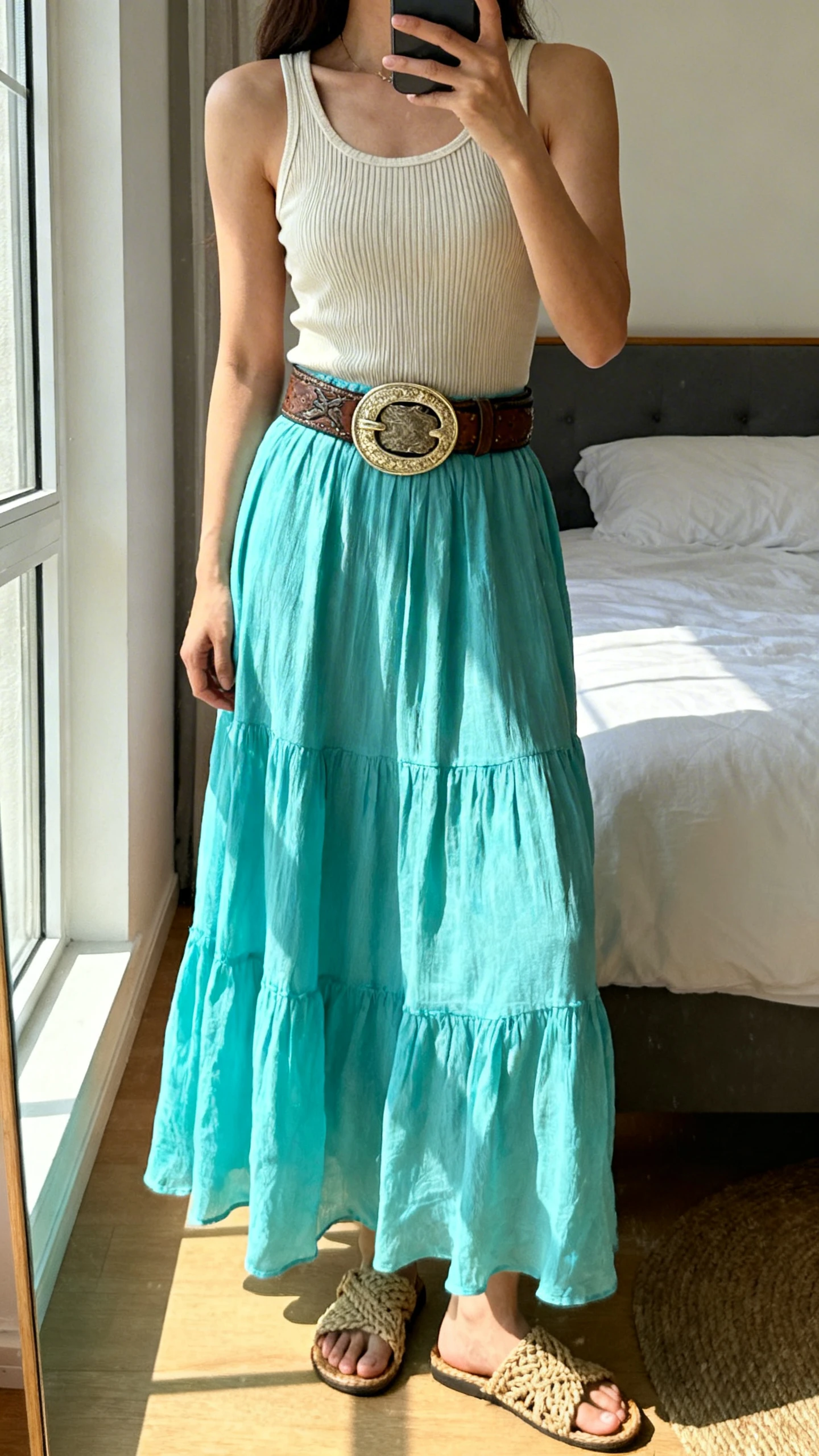 iPhone mirror selfie of a woman in a flowy coastal maxi skirt, fitted ribbed tank, oversized western belt with a big buckle, and woven sandals, face not visible, cropped at shoulders, bedroom mirror, afternoon window light, iPhone photo quality.