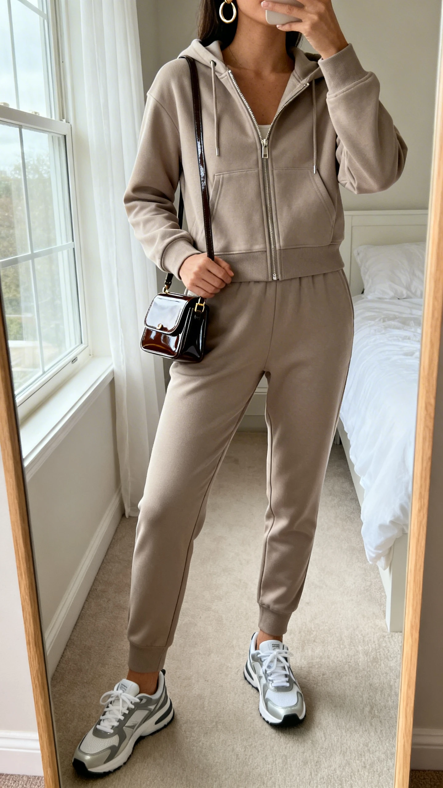 iPhone mirror selfie of a woman in an elevated matching tracksuit set (tailored zip hoodie and tapered track pants) with sleek sneakers, small shoulder bag, hoop earrings, and a glossy mini crossbody for VIP vibe, face not visible, cropped at neck, bedroom mirror, morning window light, iPhone photo quality.