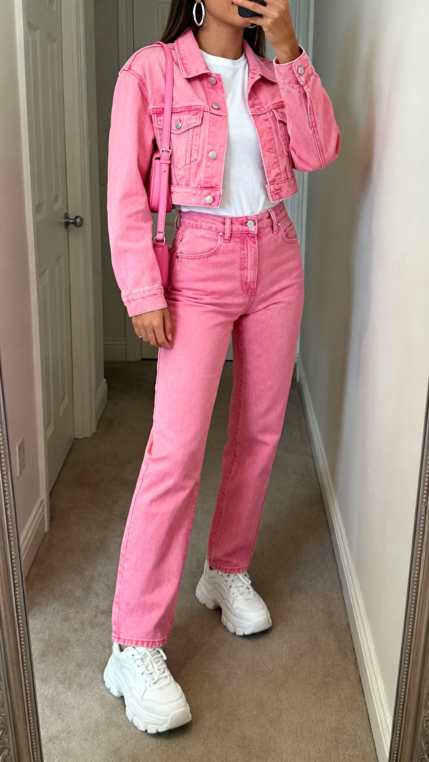 iPhone mirror selfie of a woman in bubblegum-pink denim: cropped trucker jacket and high-rise straight-leg jeans, white baby tee, chunky white sneakers, silver hoop earrings, and a pink crossbody, face not visible, side angle in a hallway full-length mirror, soft indoor light, iPhone photo quality.