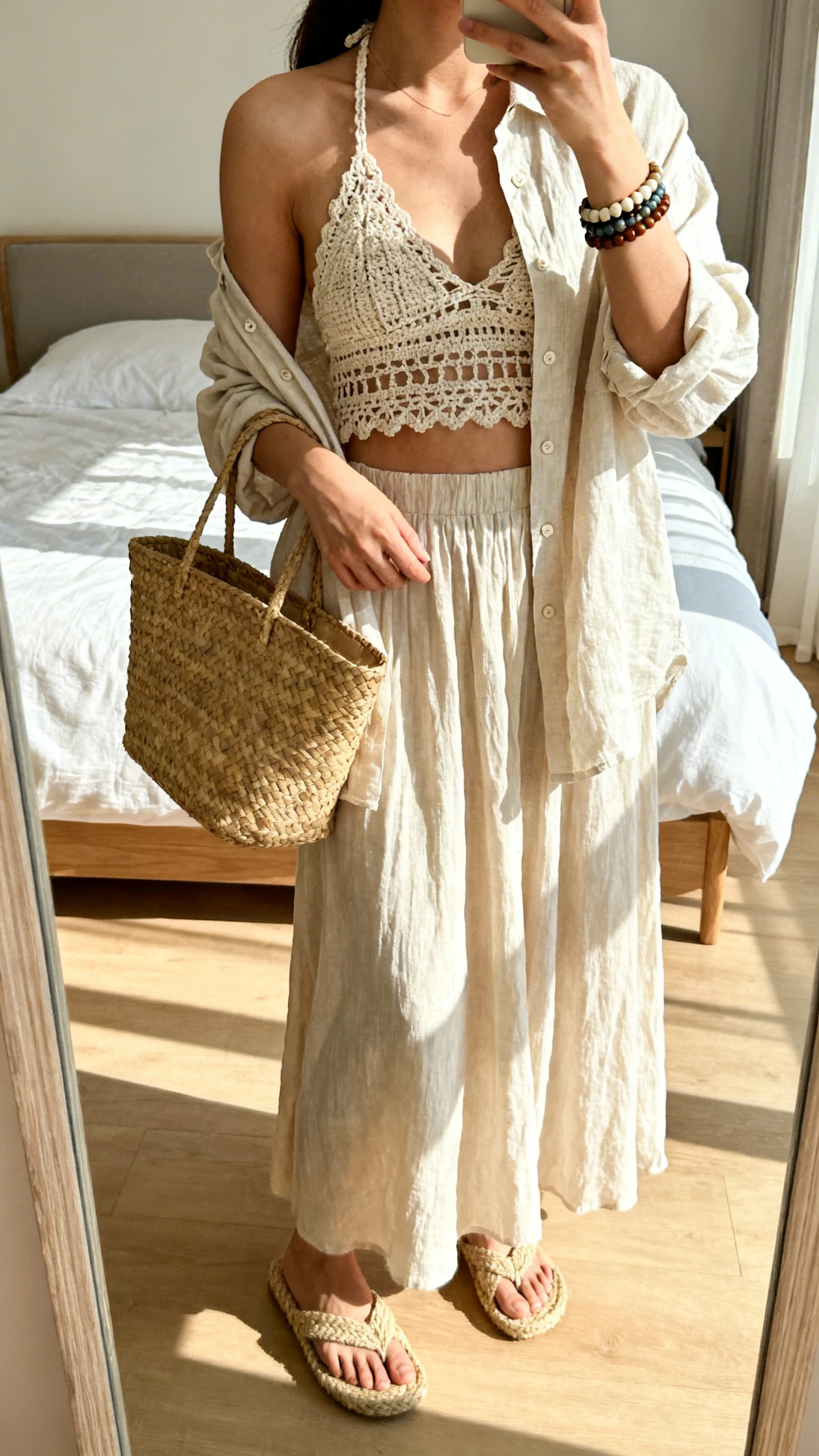 iPhone mirror selfie of a woman layering a crochet halter top under a flowy maxi skirt with a light linen button-up worn open, woven tote, raffia slides, and stacked beaded bracelets, face not visible, cropped at neck, sunlit bedroom mirror, iPhone photo quality.