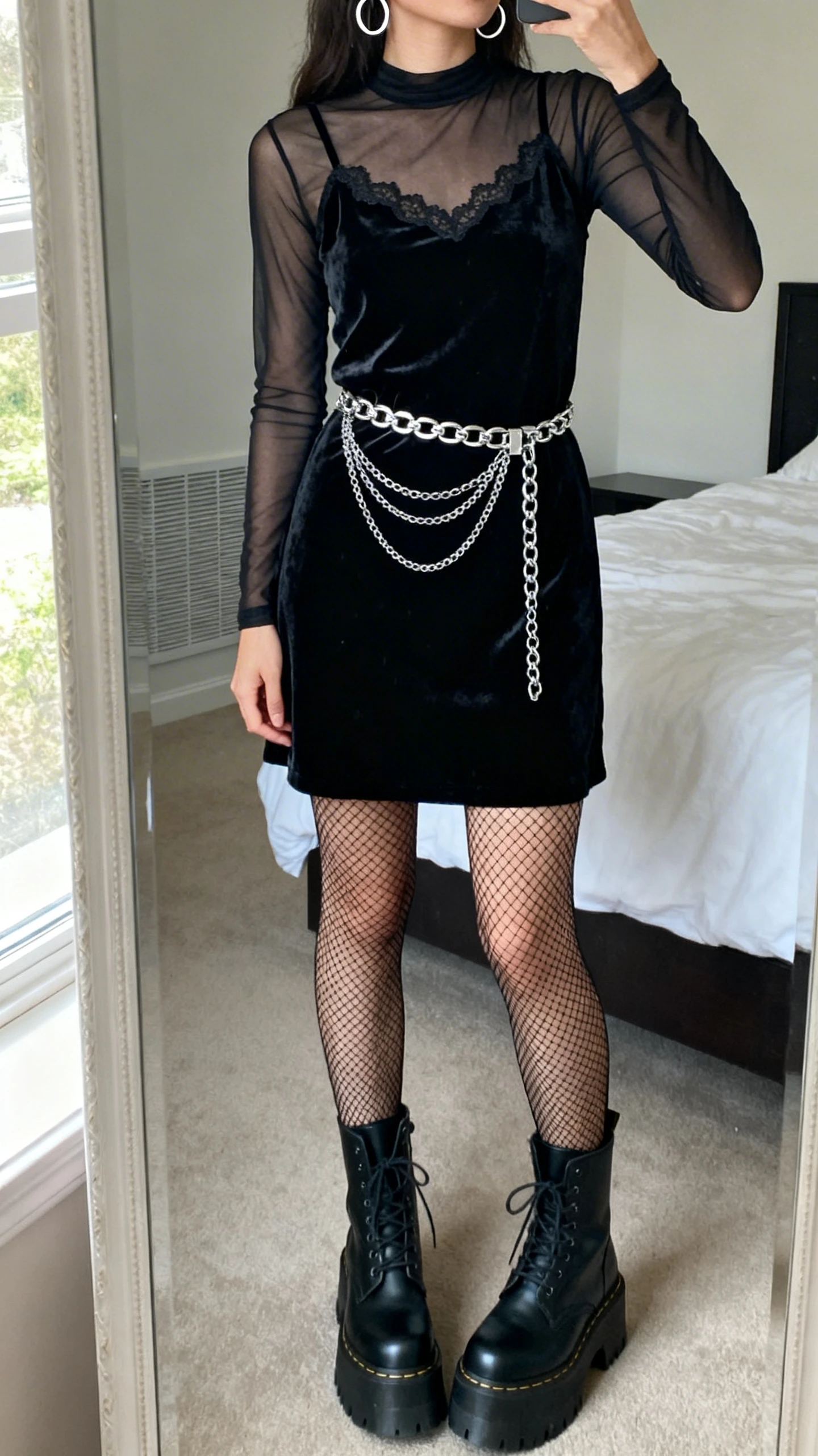 iPhone mirror selfie of a woman wearing a black velvet slip dress with lace-trim neckline layered over a sheer black mesh long-sleeve top, silver chain belt/chainmail waist drape, micro fishnet tights, chunky matte-black platform combat boots, and statement silver ear cuffs/stacked hoops, face not visible, cropped at neck, bedroom mirror, natural window light, iPhone photo quality.