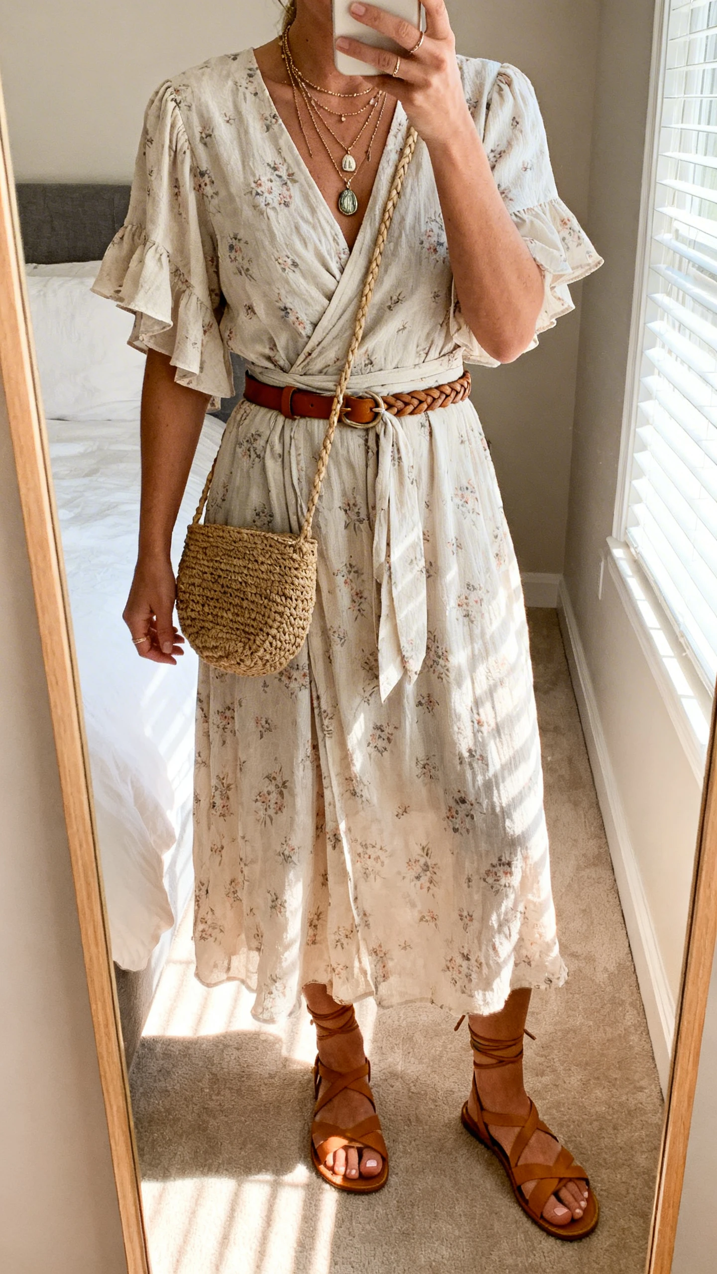 iPhone mirror selfie of a woman wearing a boho wrap-style flowy midi dress with flutter sleeves, subtle floral print, braided leather belt, layered pendant necklaces, woven straw crossbody, and tan strappy sandals, face not visible, cropped at neck, bedroom mirror, morning window light, iPhone photo quality.