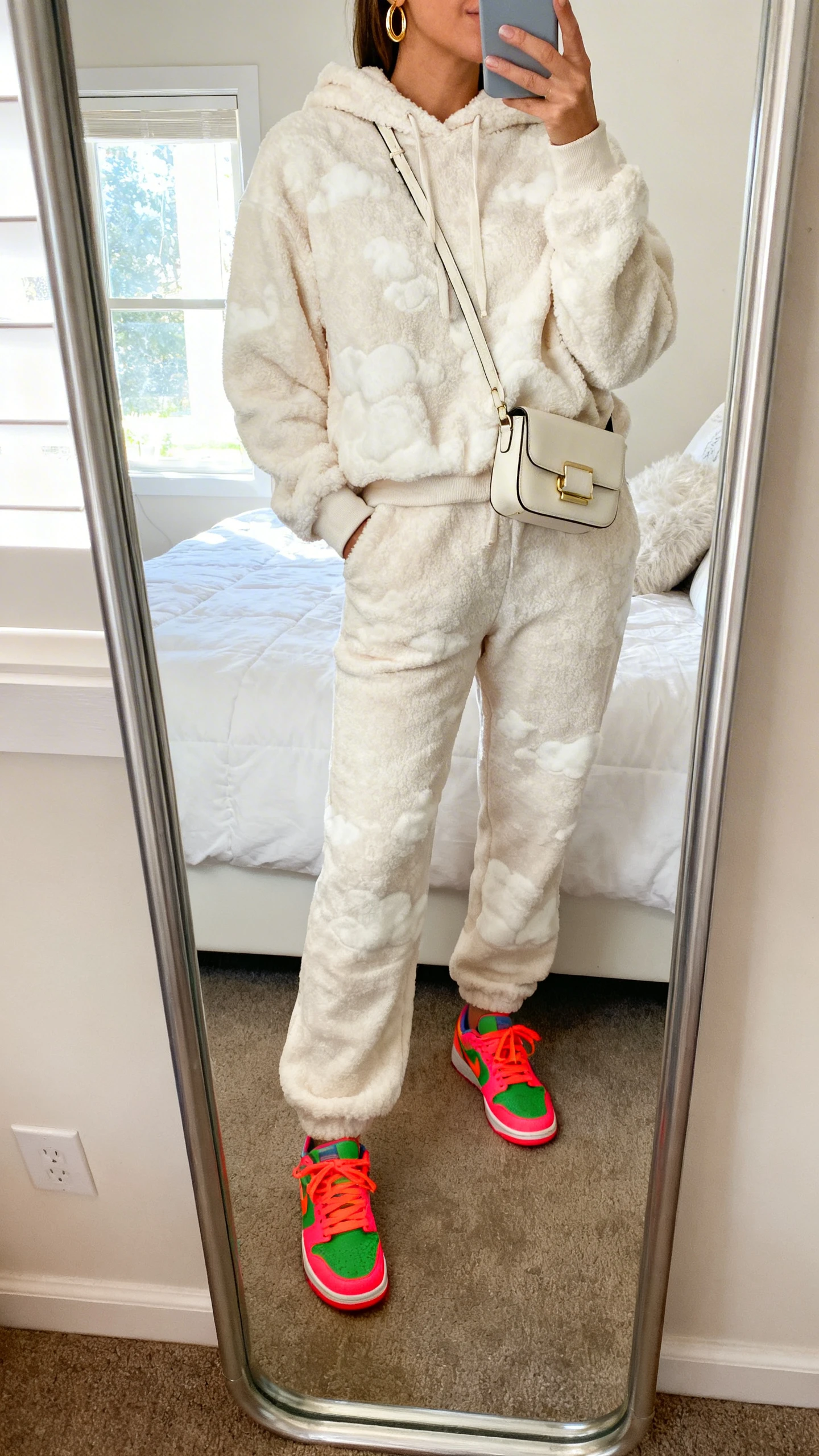 iPhone mirror selfie of a woman wearing a cloud-soft matching lounge set (soft fleece hoodie and joggers) with bright pop-of-color sneakers, minimal gold hoops, crossbody mini bag, face not visible, cropped at neck, bedroom mirror, natural window light, iPhone photo quality.