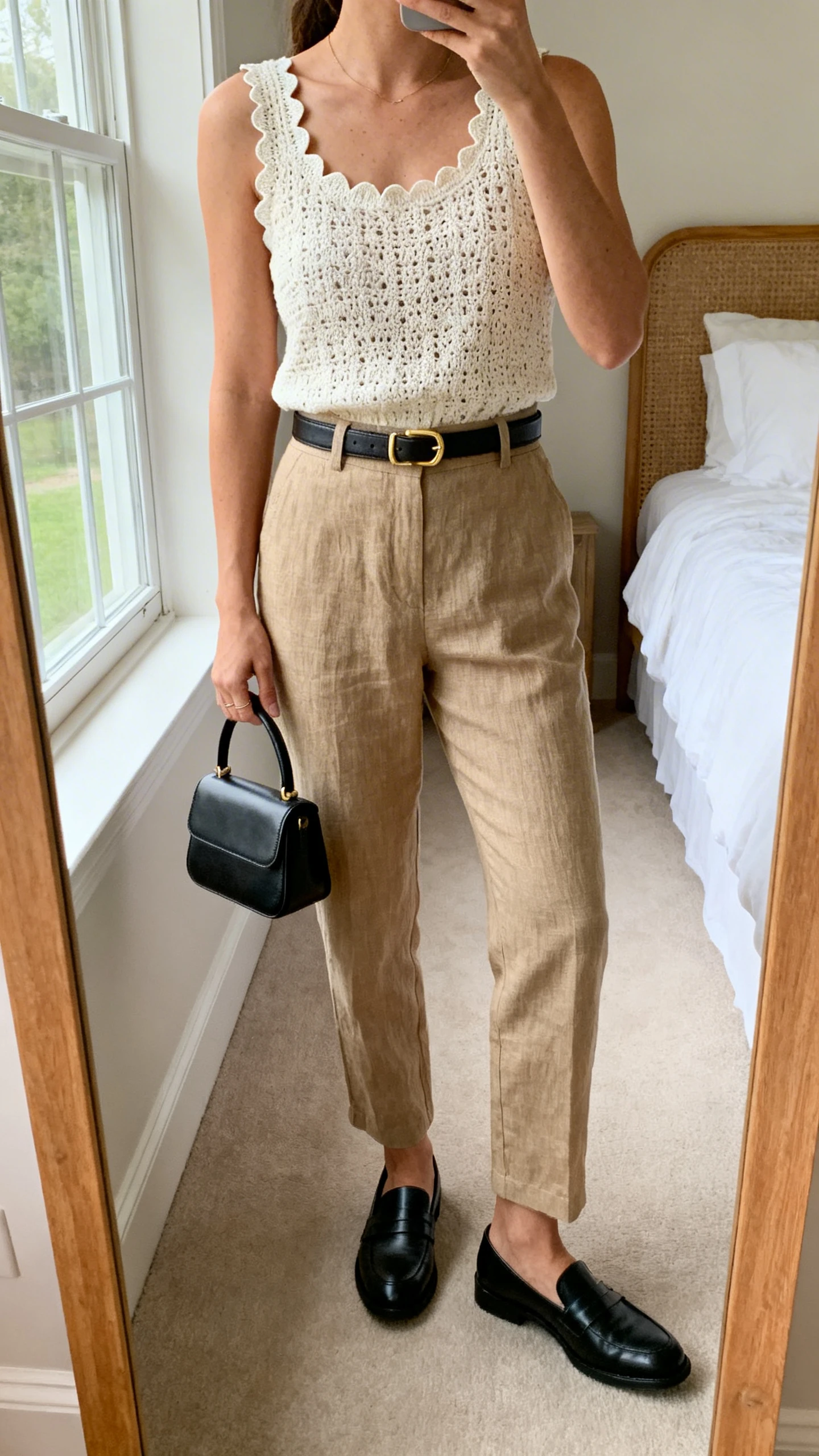 iPhone mirror selfie of a woman wearing a cream crochet tank top with a subtle scallop edge, high-waisted sand linen trousers (straight leg), classic black leather loafers, a slim leather belt with a small gold buckle, and a structured mini top-handle bag; face not visible, cropped at neck, bedroom mirror, natural window light, iPhone photo quality.