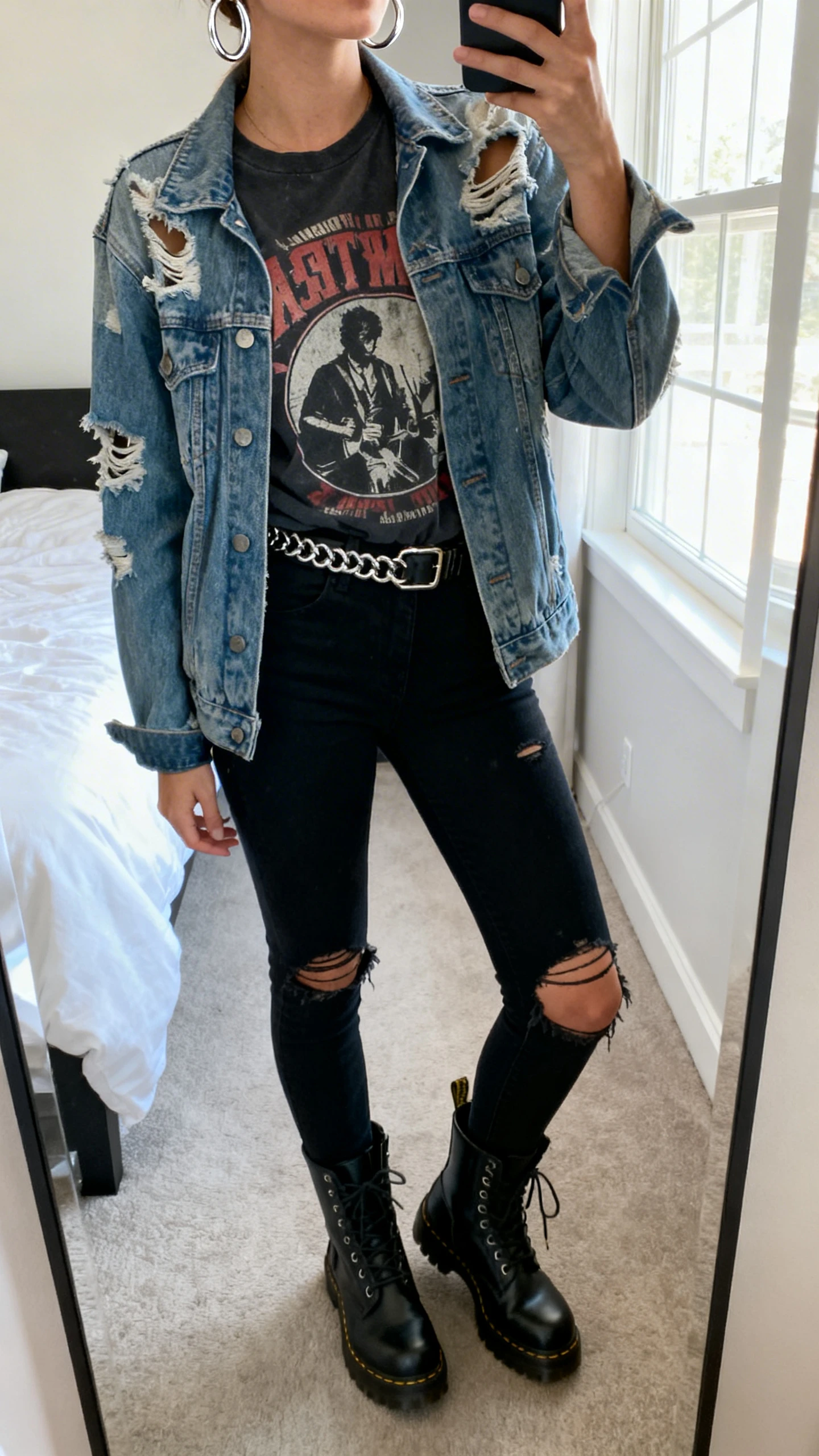 iPhone mirror selfie of a woman wearing a distressed denim jacket over a vintage band tee, ripped black skinny jeans, chunky combat boots, chain belt, and silver hoop earrings, face not visible, cropped at neck, bedroom mirror, natural window light, iPhone photo quality.