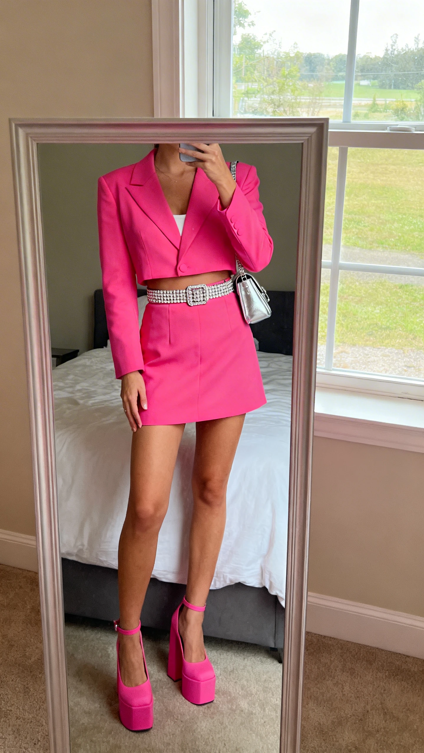 iPhone mirror selfie of a woman wearing a hot-pink matching power set (structured blazer and high-waist mini skirt) with a rhinestone belt, platform pink heels, and a small silver shoulder bag, face not visible, cropped at neck, bedroom mirror, morning window light, iPhone photo quality.