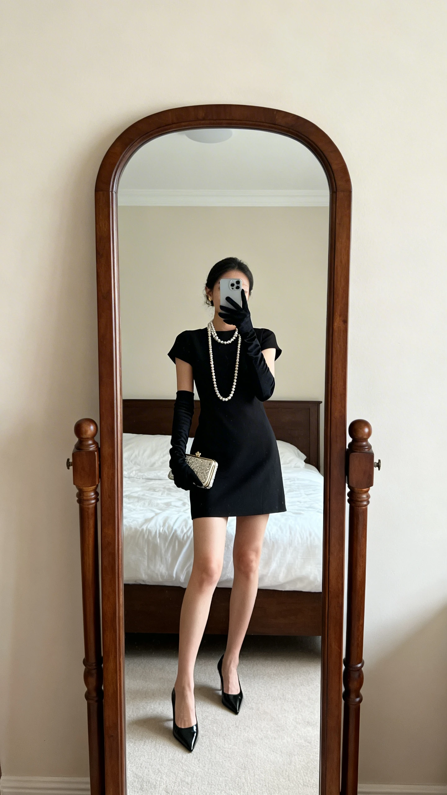iPhone mirror selfie of a woman wearing a little black dress styled with long opera gloves, a strand of pearls, black pointed heels, and a compact clutch, face not visible, full-length bedroom mirror, soft ambient indoor lighting, iPhone photo quality.