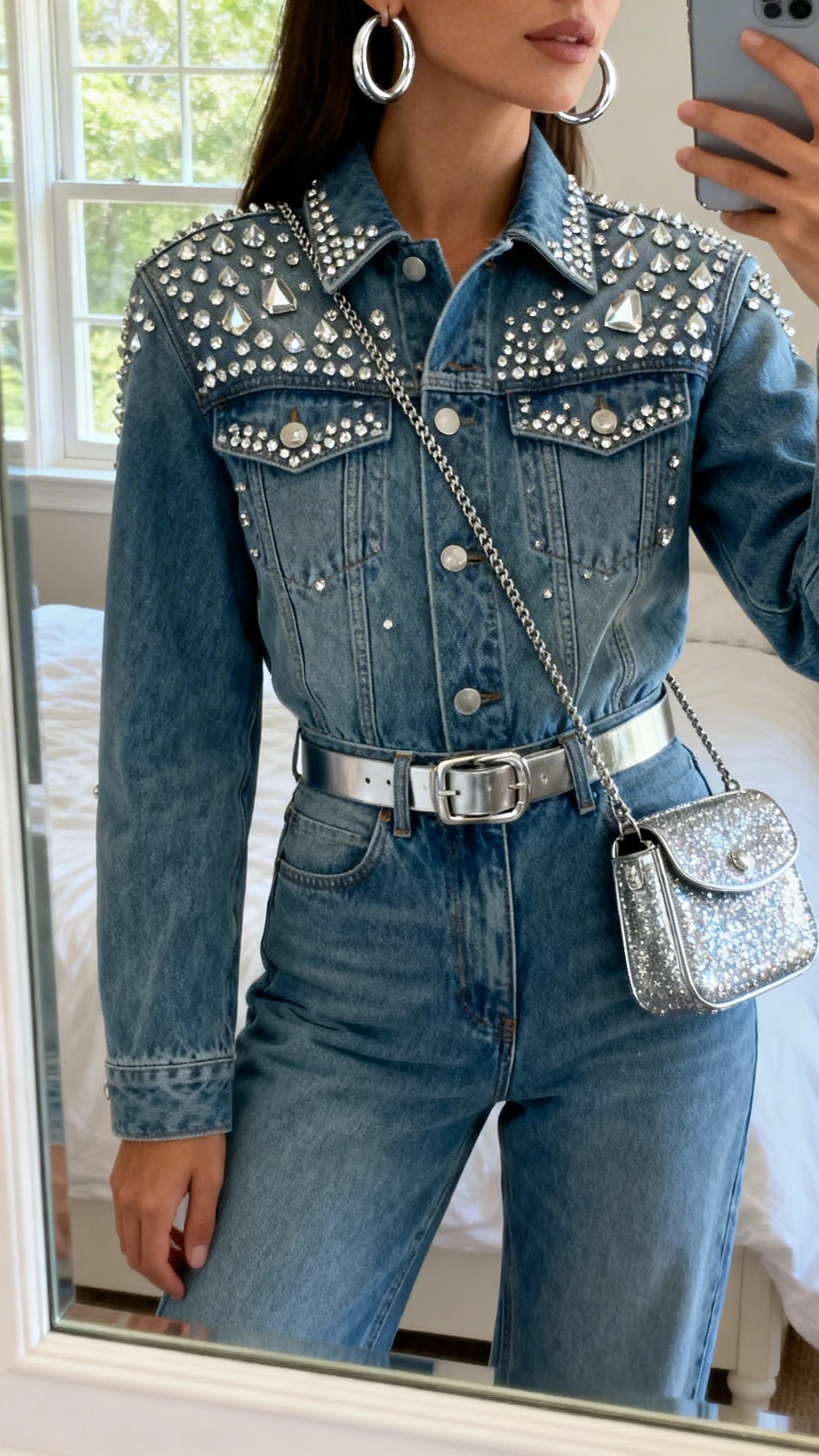 iPhone mirror selfie of a woman wearing a rhinestone-studded denim jacket with matching rhinestone-studded high-rise jeans (Canadian tuxedo), silver hoop earrings, metallic belt, and sparkly mini shoulder bag; face not visible, cropped at neck, bedroom mirror, natural window light, iPhone photo quality.