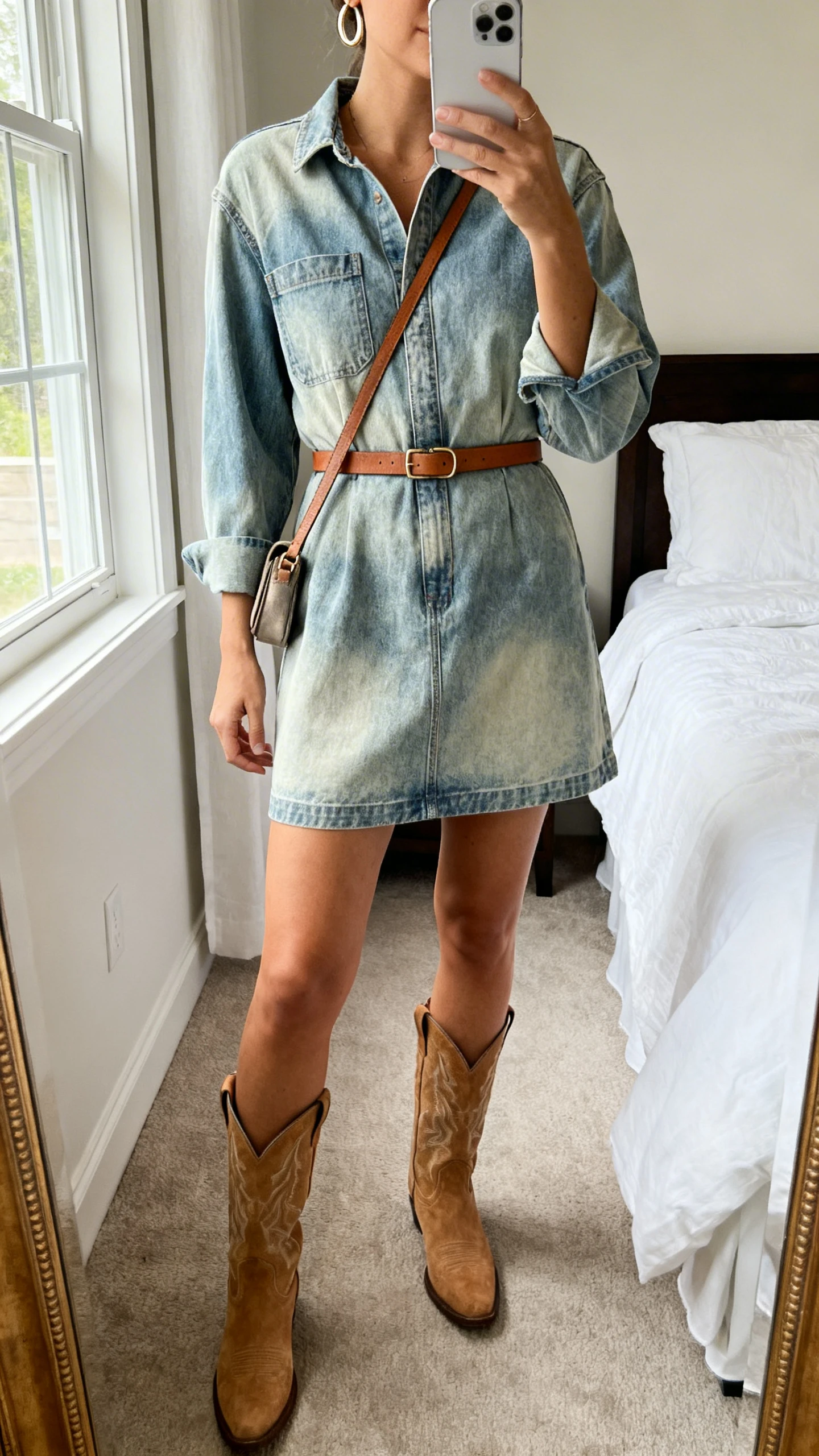 iPhone mirror selfie of a woman wearing a salt-air washed denim mini dress, tan western boots, slim leather belt, simple hoop earrings, and a small crossbody, face not visible, cropped at neck, bedroom mirror, natural window light, iPhone photo quality.