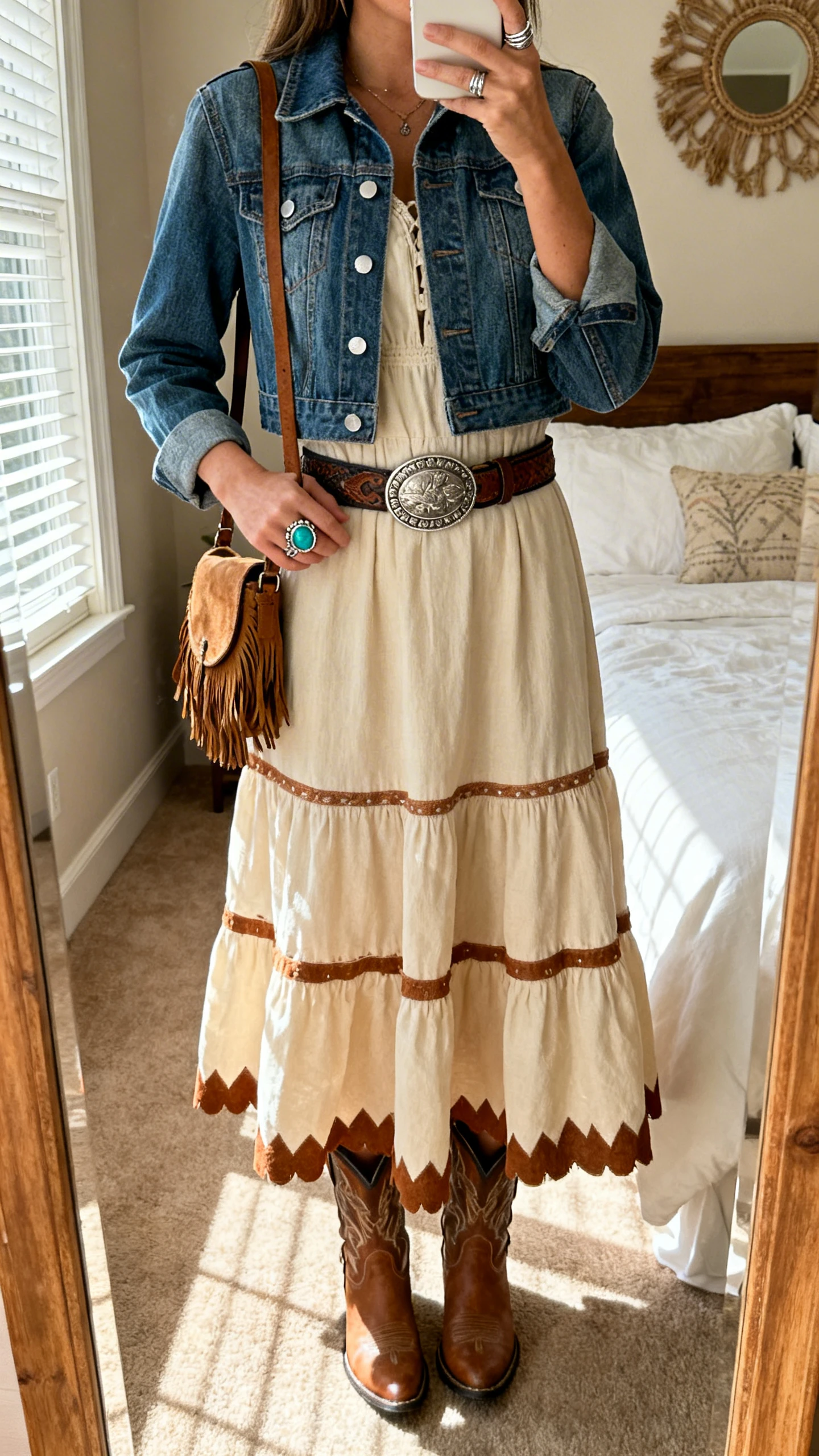 iPhone mirror selfie of a woman wearing a tiered desert-girl midi dress with Western edge, denim cropped jacket, concho belt, ankle cowboy boots, silver turquoise ring, and a small fringe shoulder bag, face not visible, cropped at shoulders, bedroom mirror, afternoon window light, iPhone photo quality.
