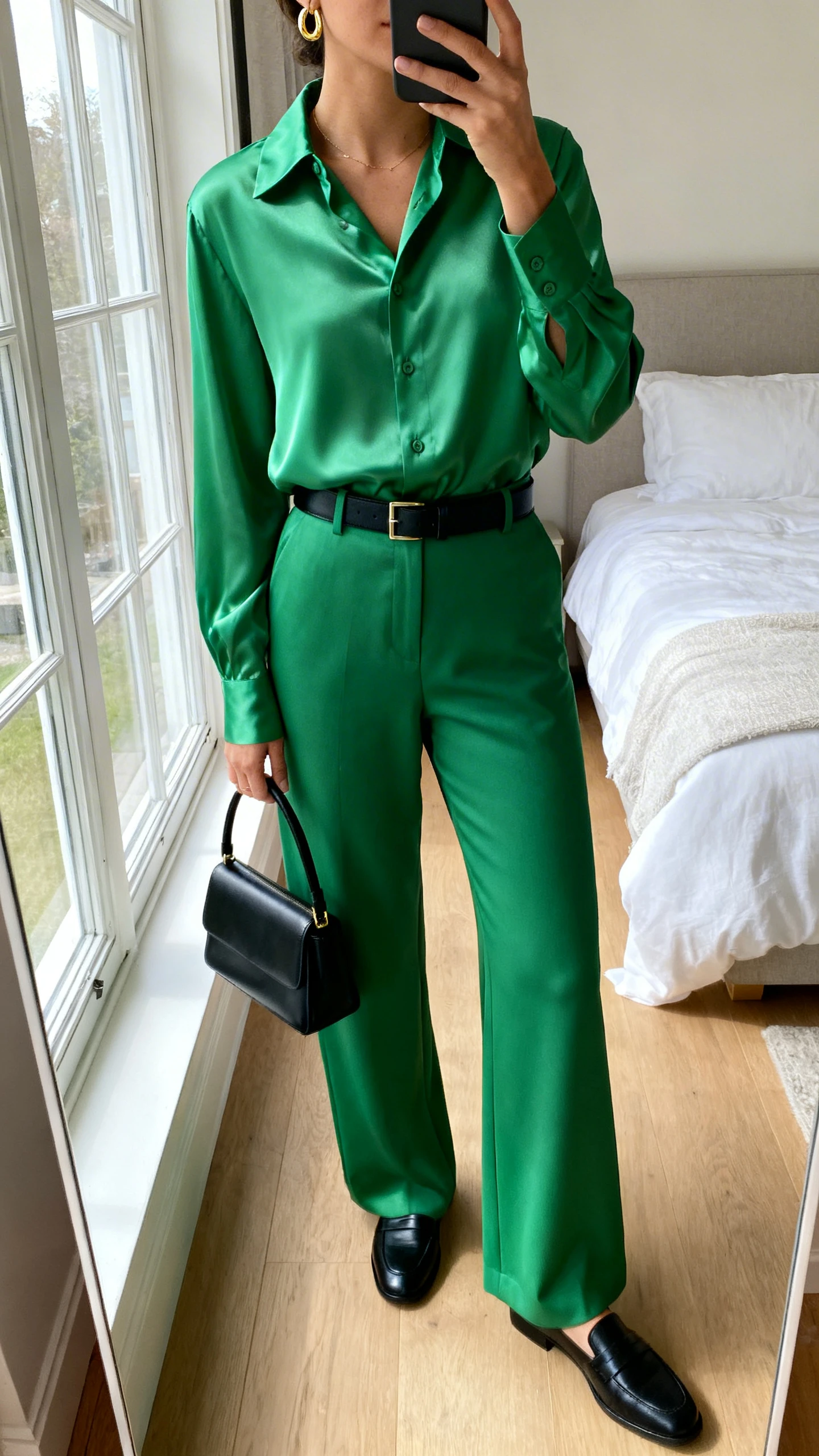 iPhone mirror selfie of a woman wearing an emerald green matching set (silky button-up shirt and tailored wide-leg trousers) with delicate gold hoop earrings, a slim black belt, black loafers, and a small black top-handle bag, face not visible, cropped at neck, bedroom mirror, natural window light, iPhone photo quality.