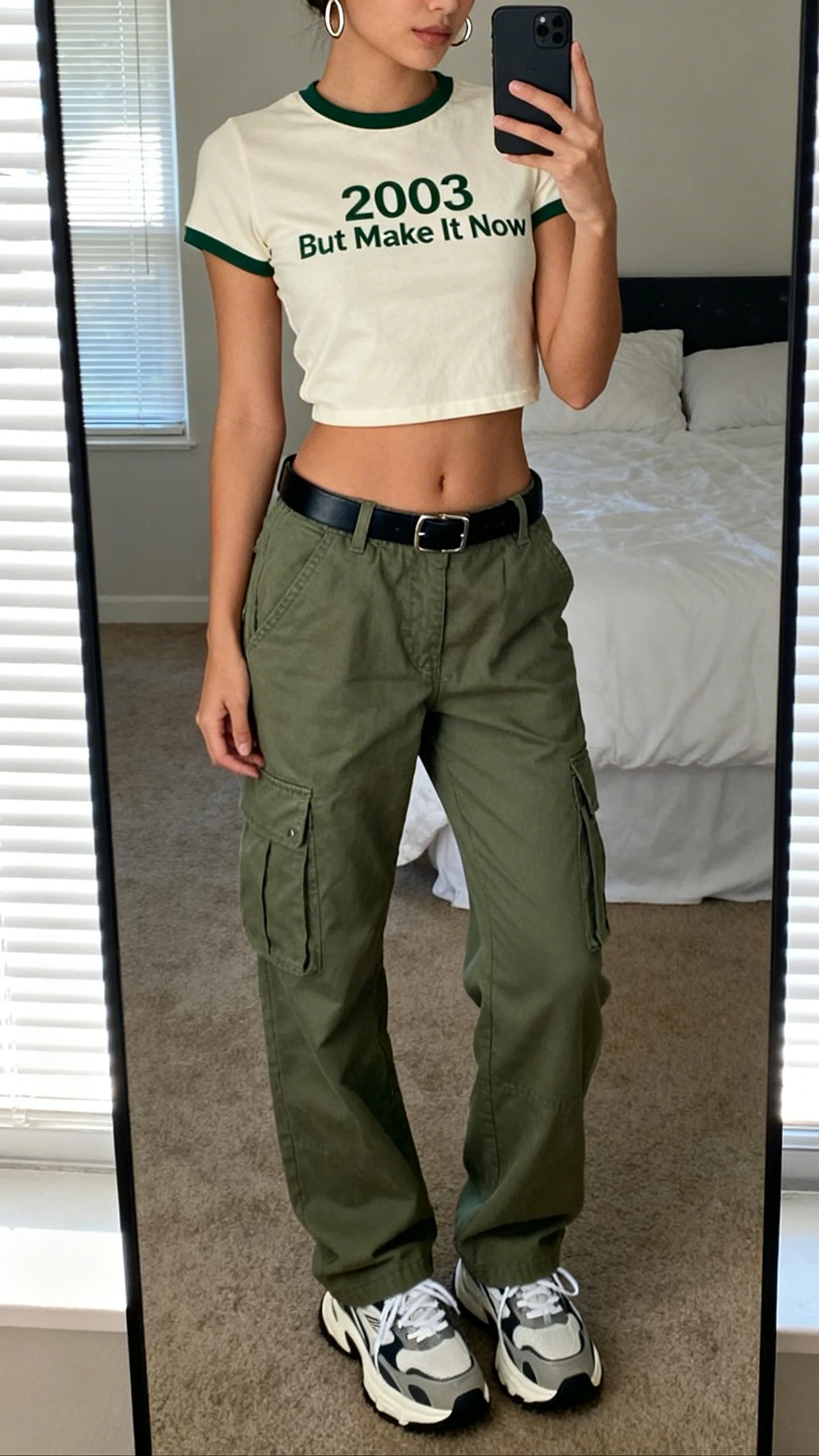 iPhone mirror selfie of a woman wearing low-rise olive cargo pants and a baby tee crop that reads “2003, But Make It Now,” chunky sneakers, thin hoop earrings, simple black belt, face not visible, cropped at neck, bedroom mirror, natural window light, iPhone photo quality.