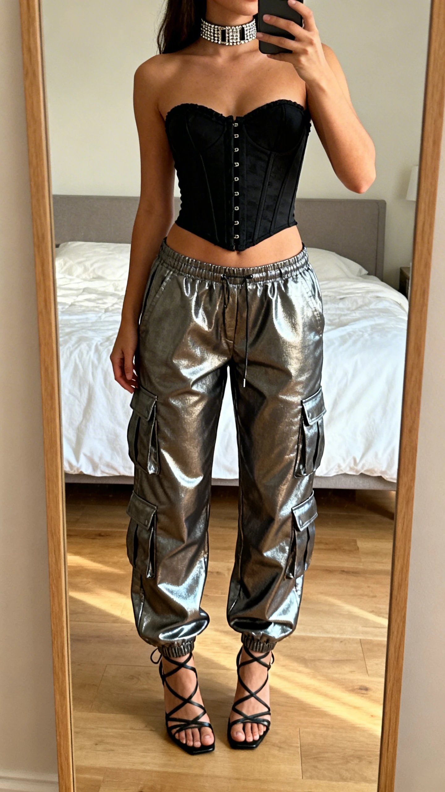 iPhone mirror selfie of a woman wearing metallic cargo joggers and a black corset crop top, strappy heels, statement choker, face not visible, cropped at shoulders, bedroom mirror, warm indoor lighting, iPhone photo quality.